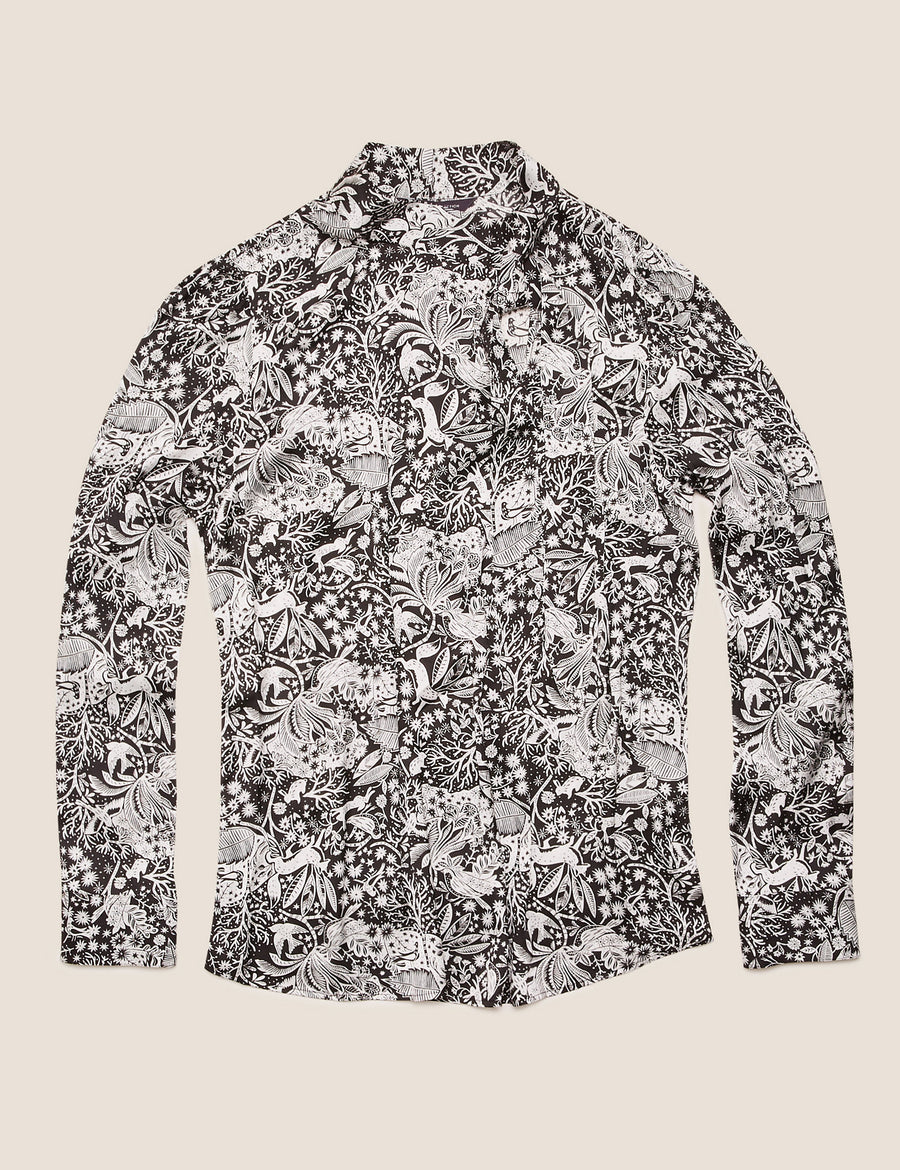Satin Woodland Print Tie Neck Blouse