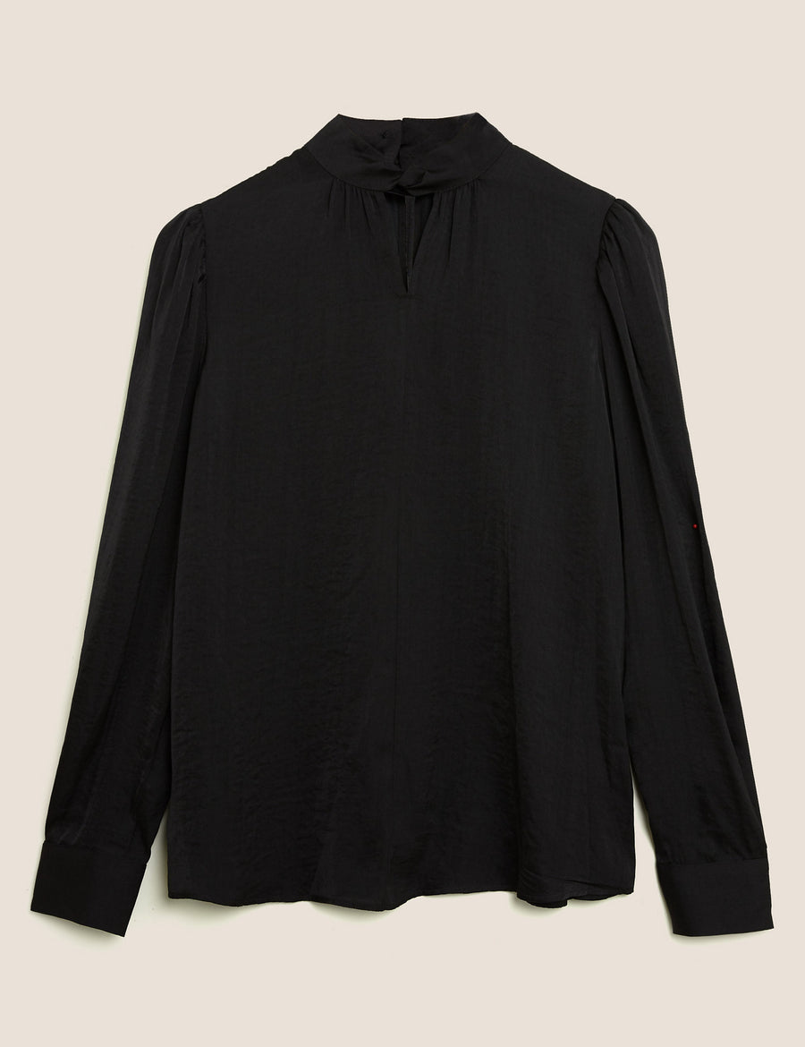 Satin High Neck Long Sleeve Blouse