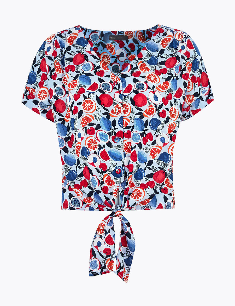 Fruit Print V-Neck Tie Front Blouse