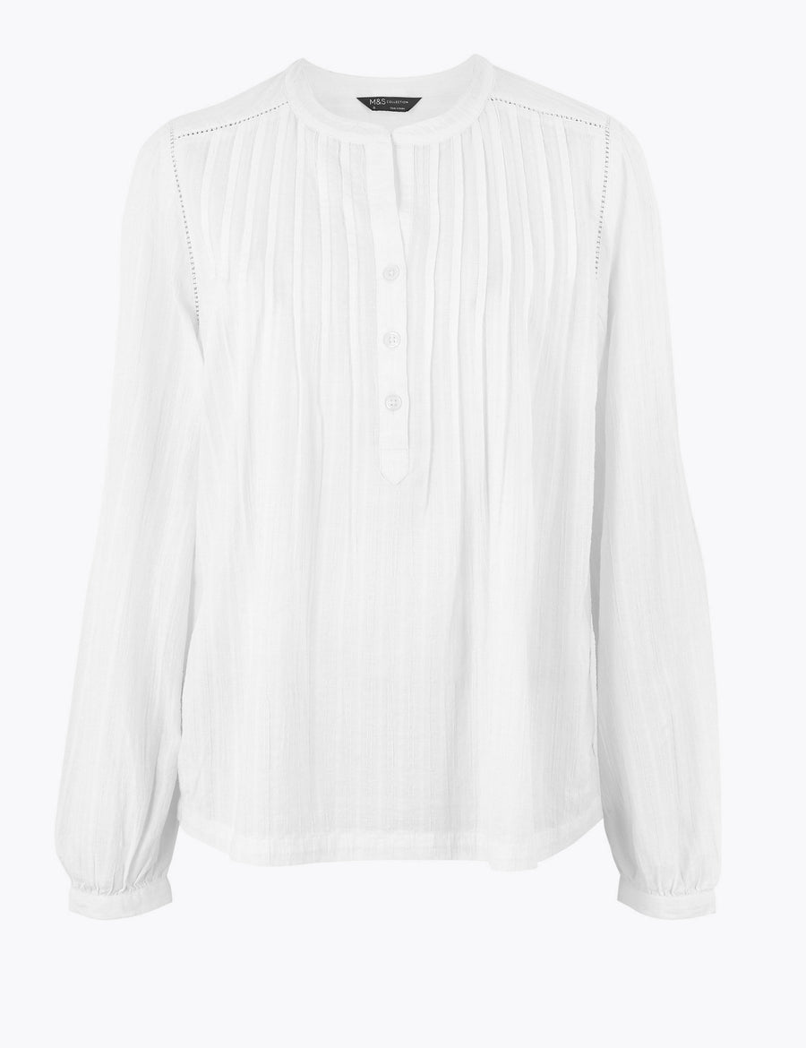 Cotton Pintuck Long Sleeve Blouse