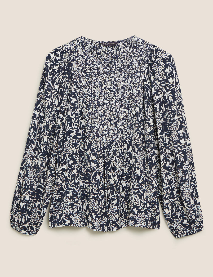 Floral Bib Detail Popover Blouse