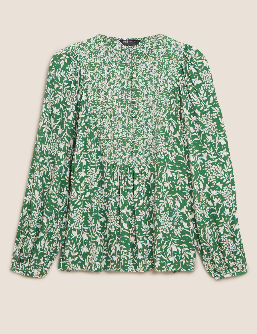 Floral Bib Detail Popover Blouse