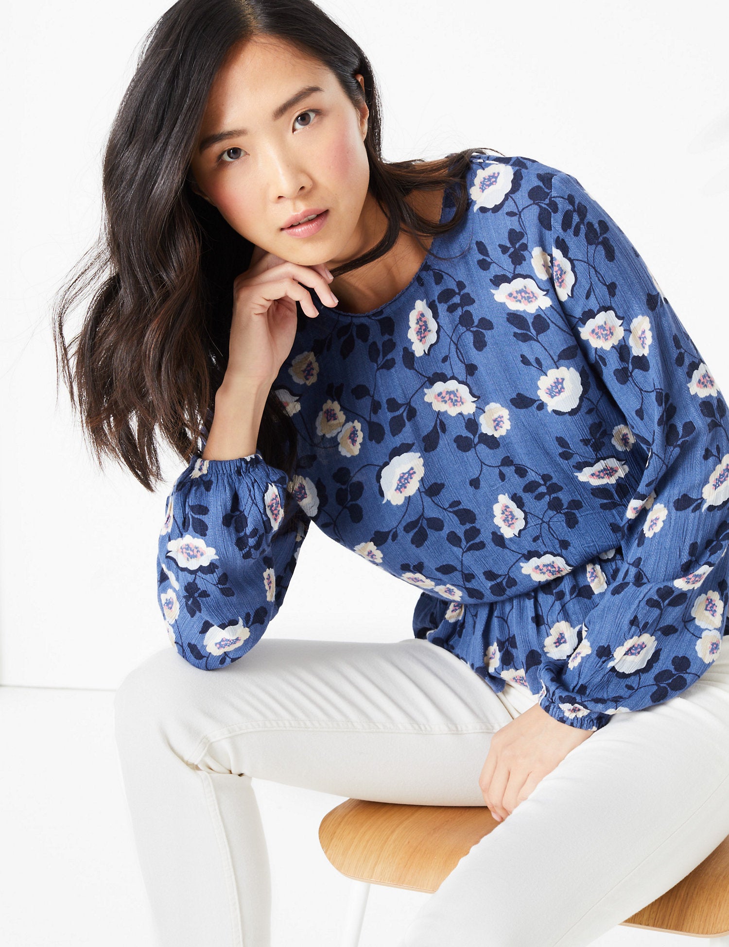 Floral Waisted Long Sleeve Blouse