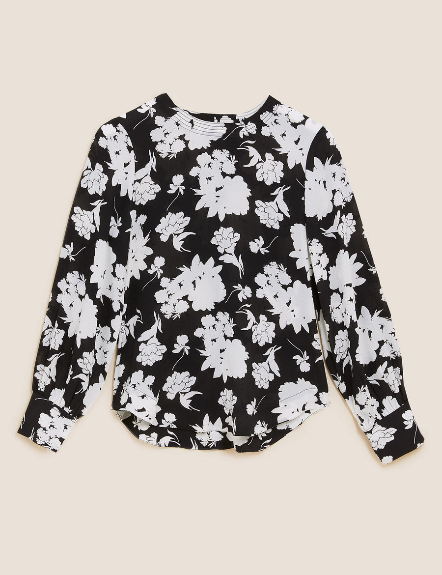 Floral Round Neck Long Sleeve Blouse