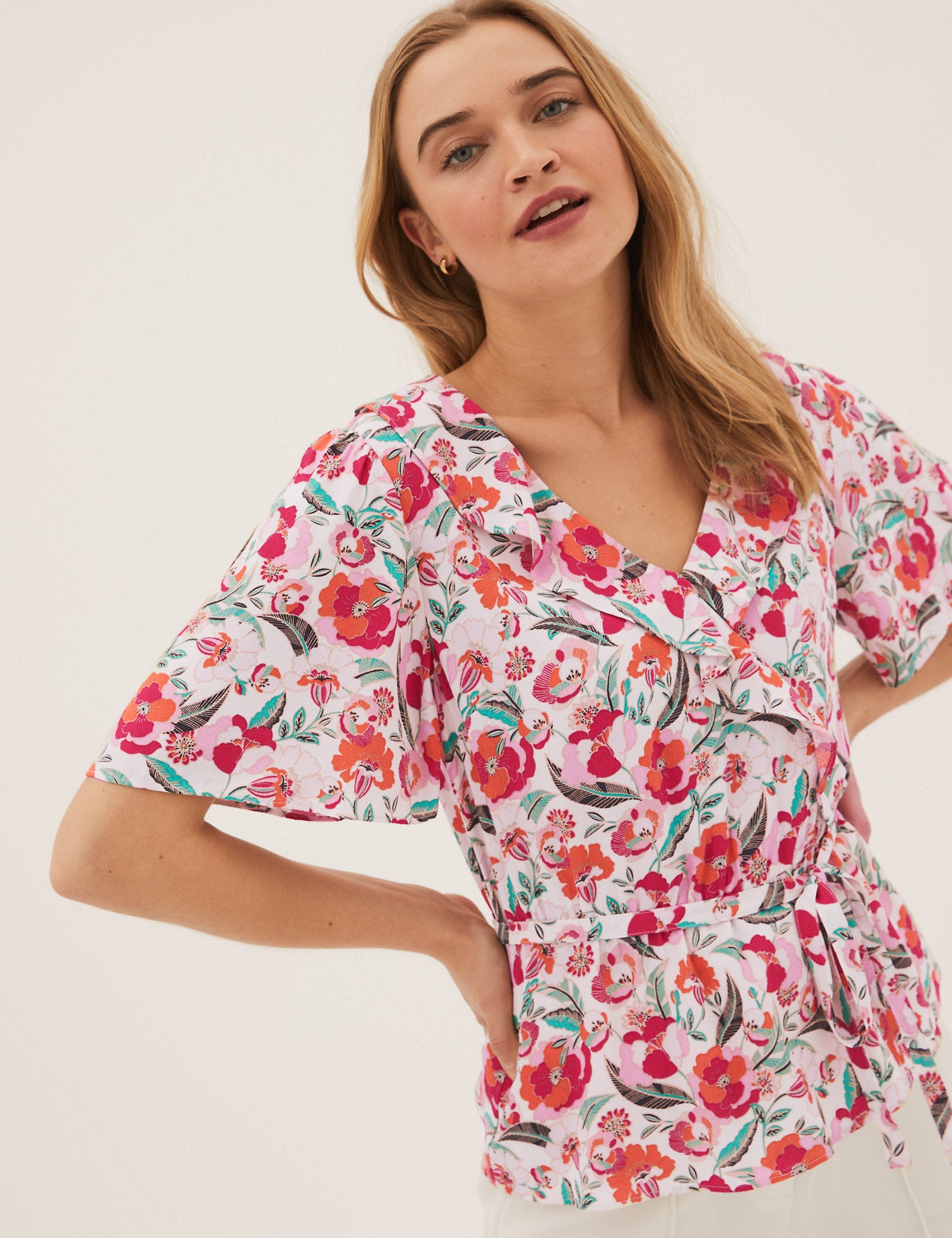 Printed Frill Neck Angel Sleeve Wrap Top
