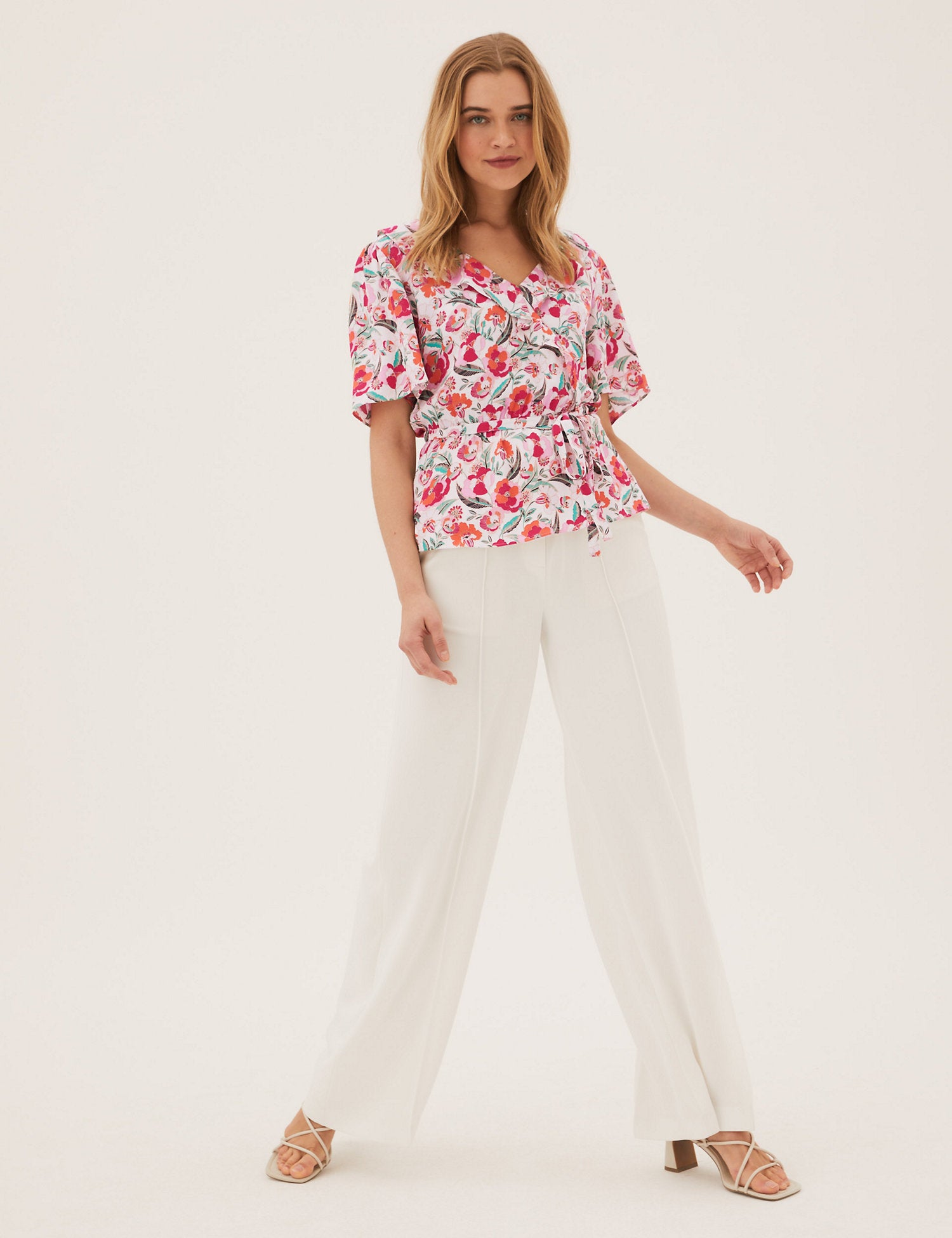 Printed Frill Neck Angel Sleeve Wrap Top
