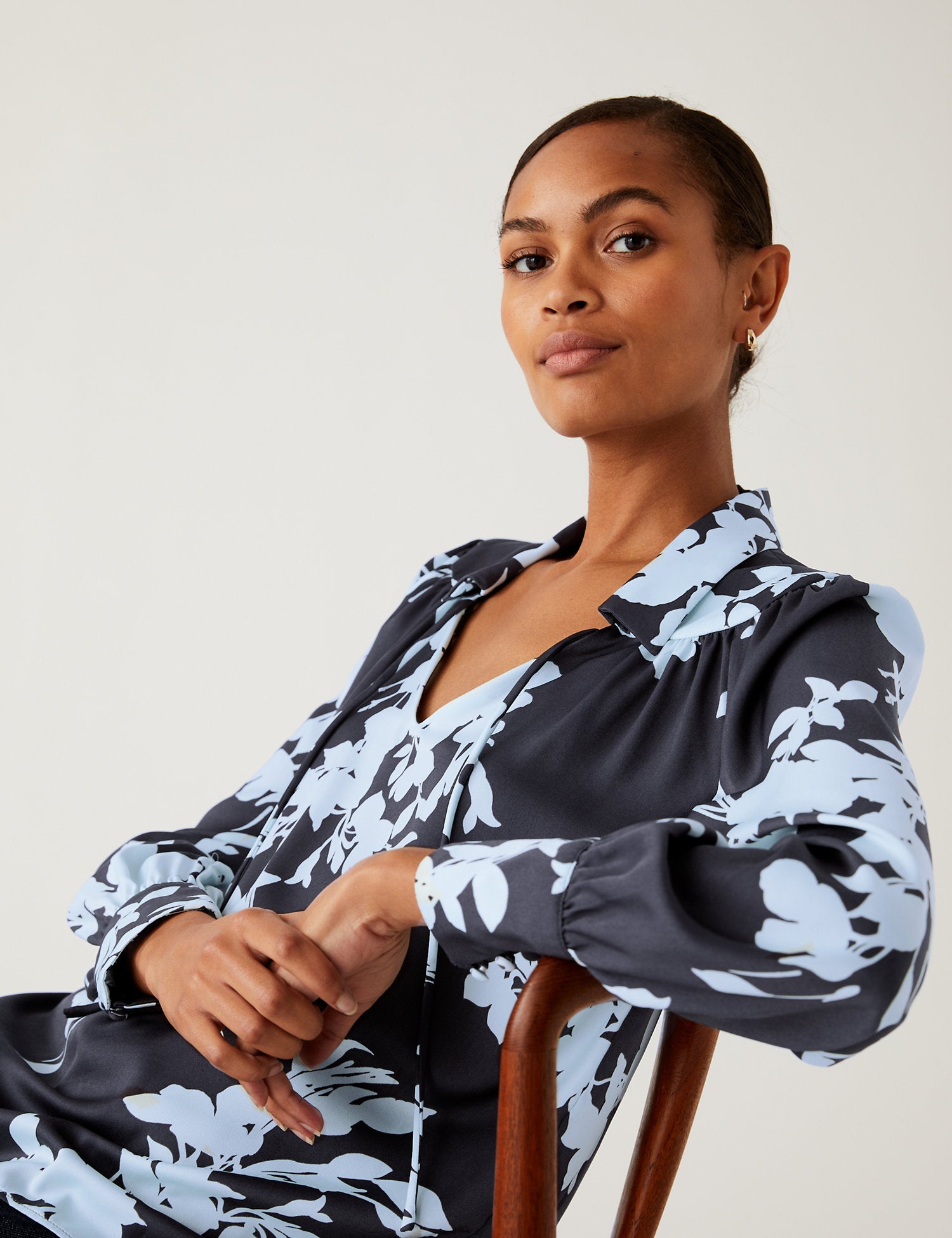 Satin Floral Collared Popover Blouse