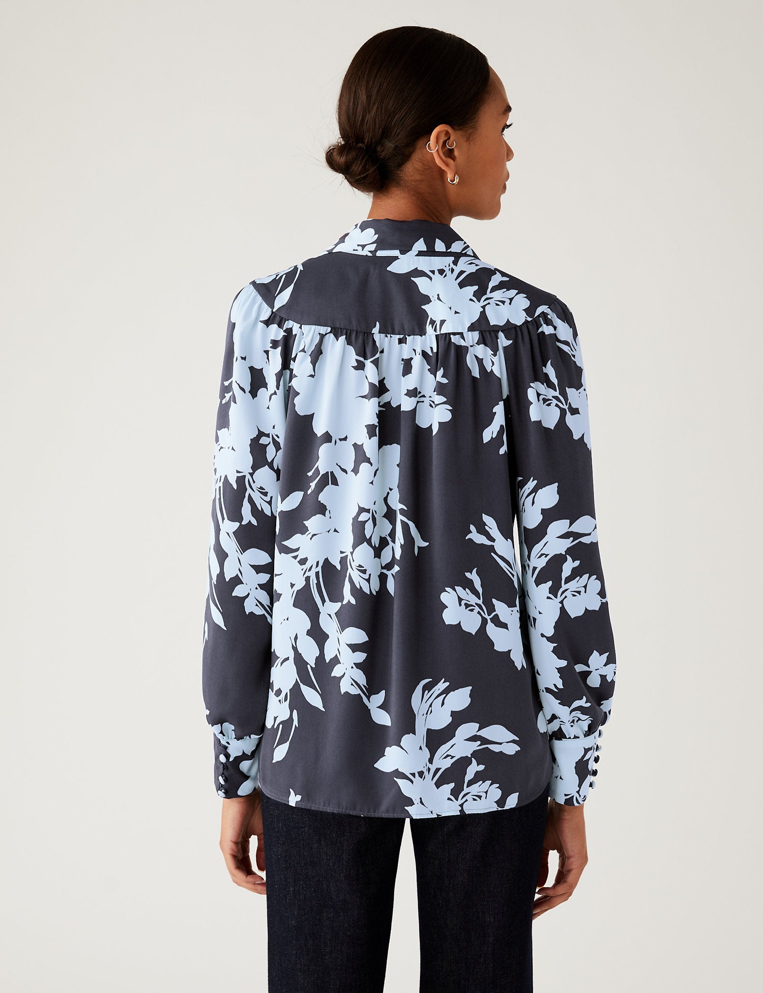 Satin Floral Collared Popover Blouse