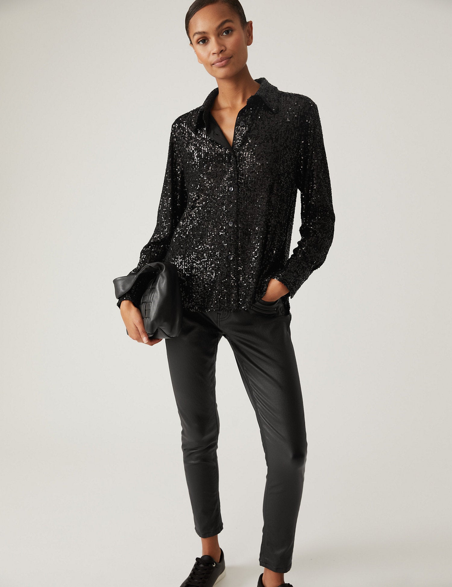 Sequin Collared Long Sleeve Shirt