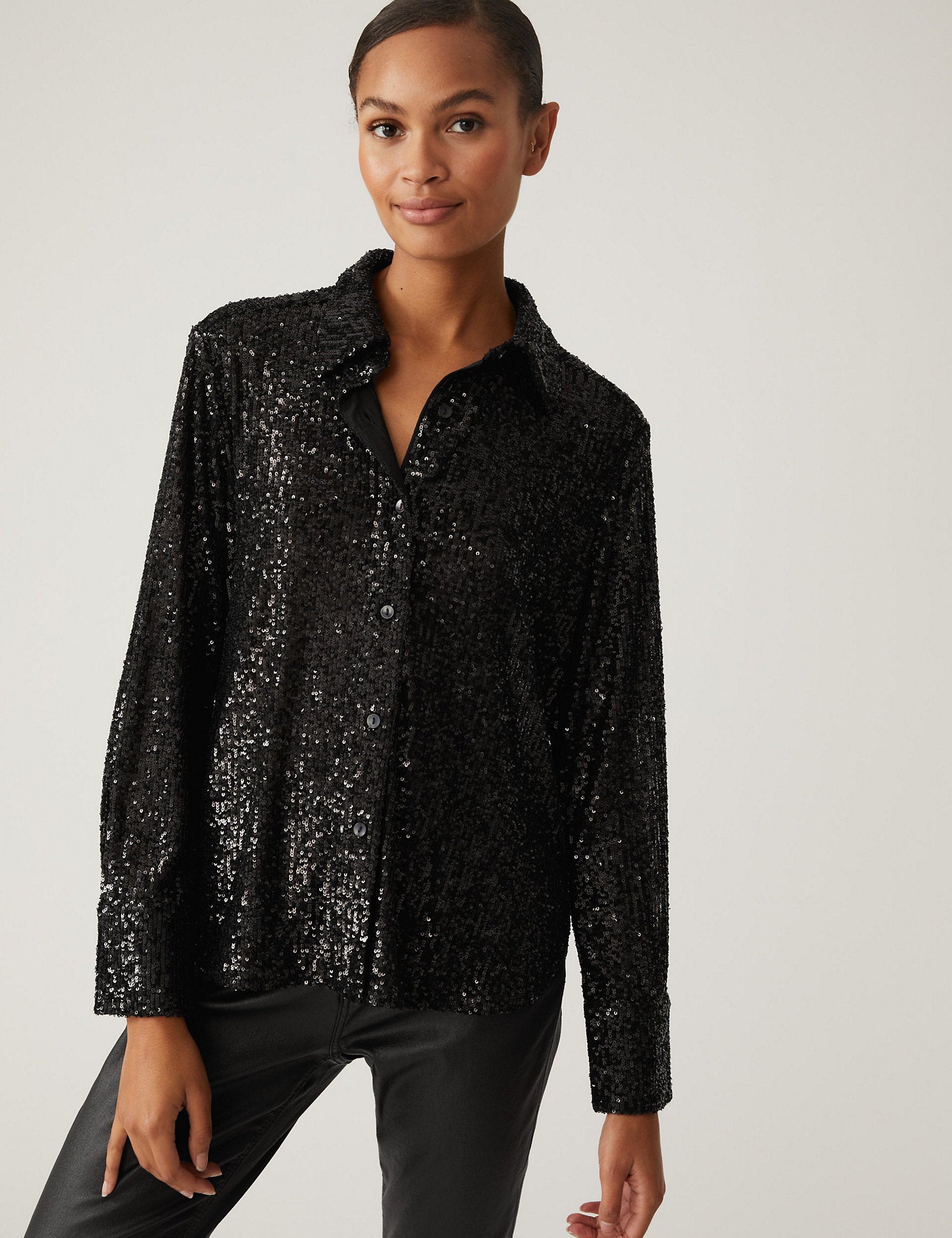 Sequin Collared Long Sleeve Shirt