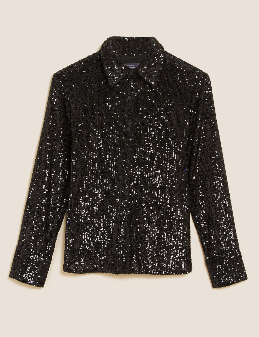 Sequin Collared Long Sleeve Shirt