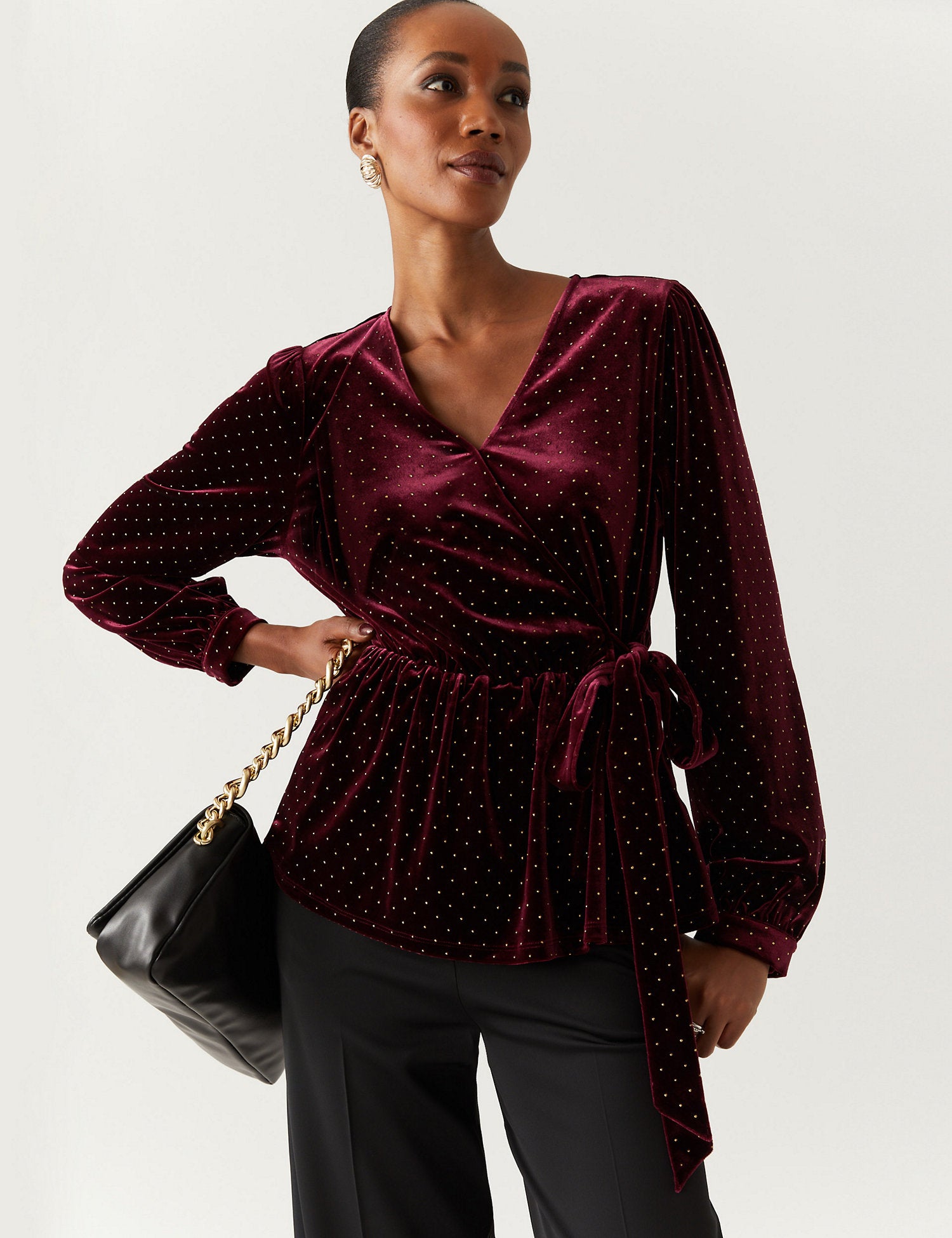 Velvet Studded V-Neck Wrap Top
