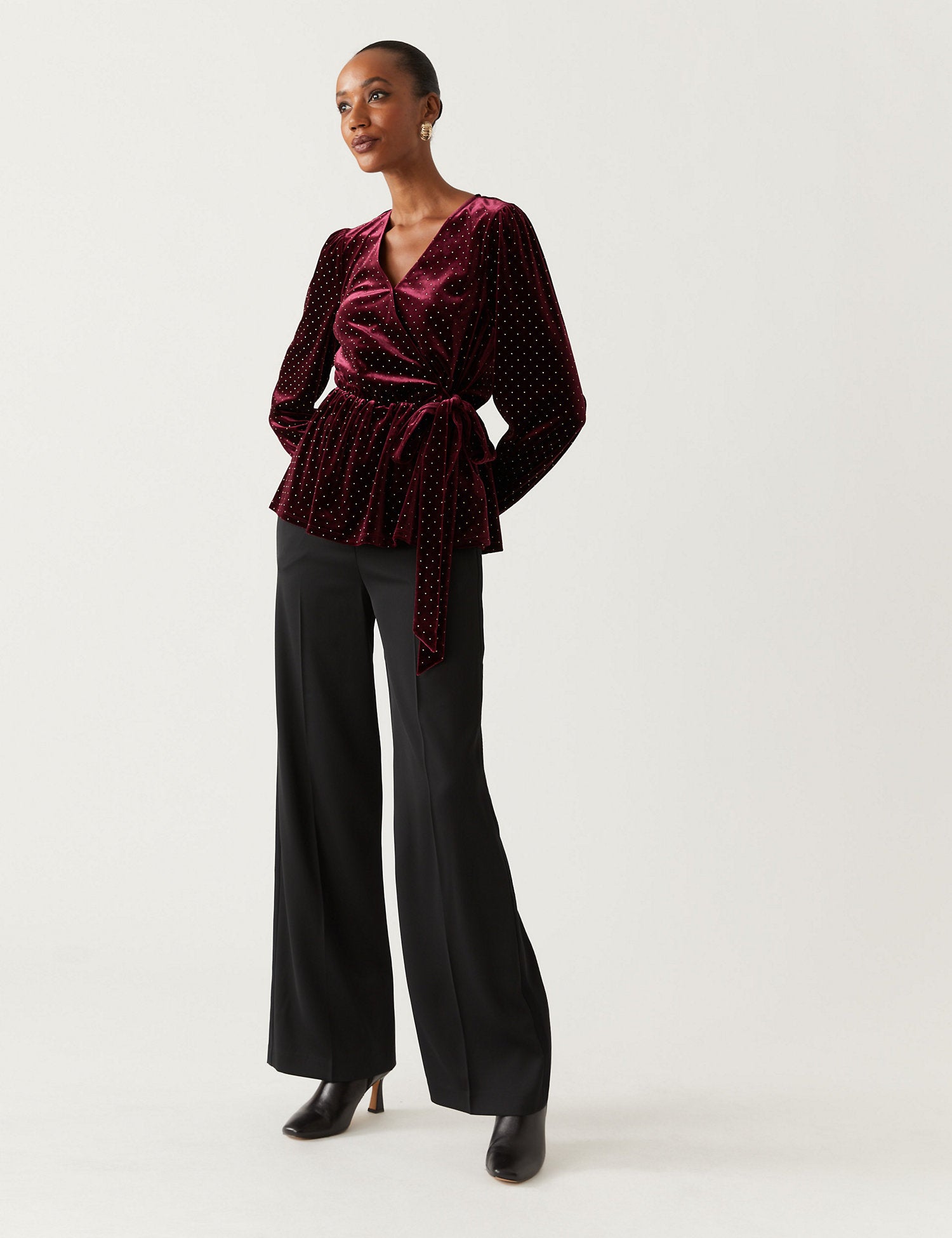 Velvet Studded V-Neck Wrap Top