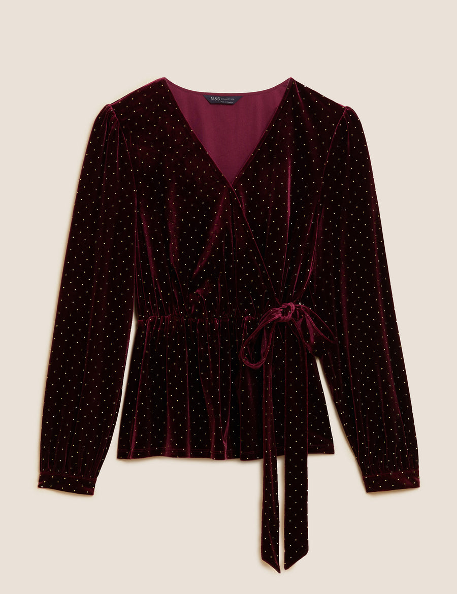 Velvet Studded V-Neck Wrap Top
