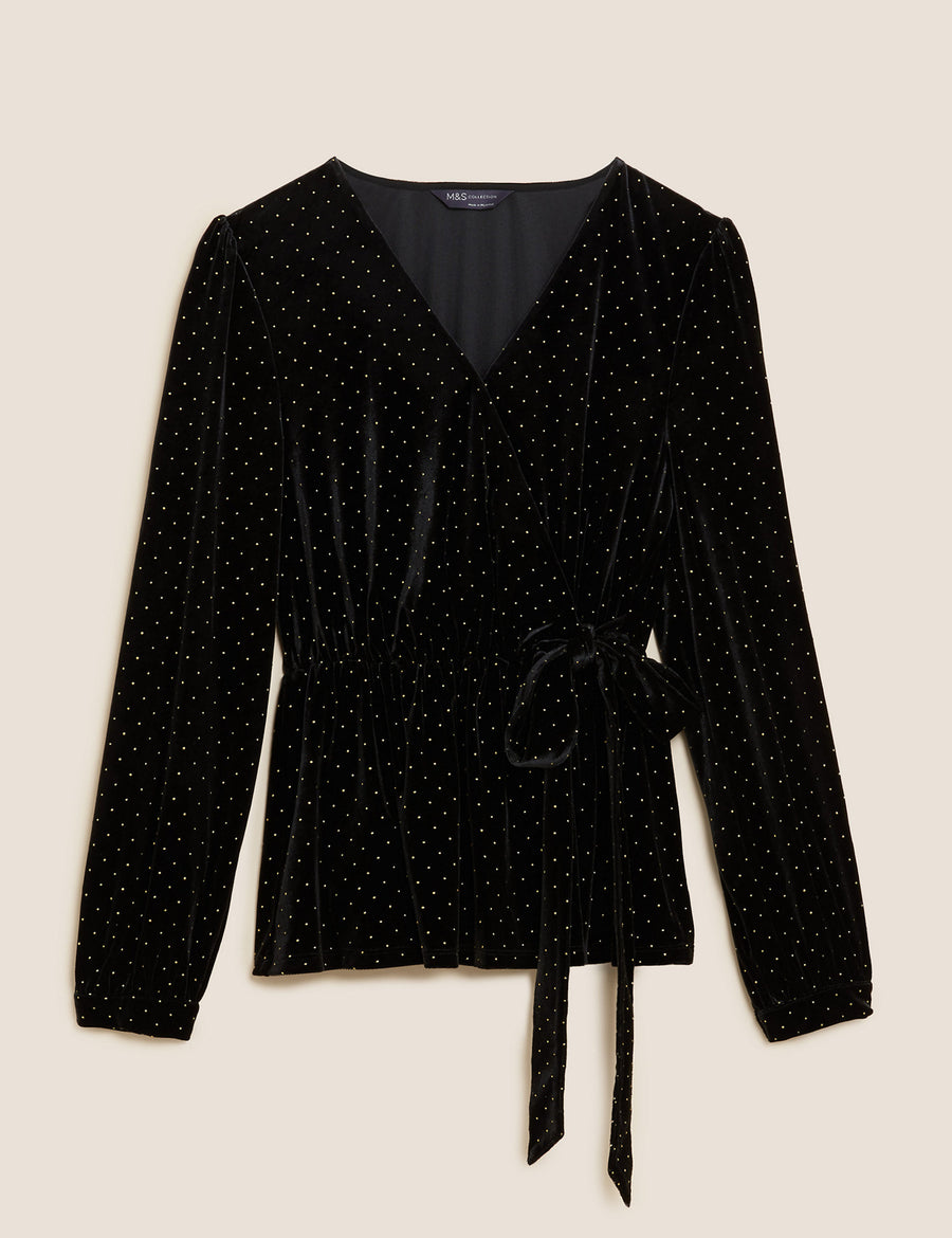 Velvet Studded V-Neck Wrap Top