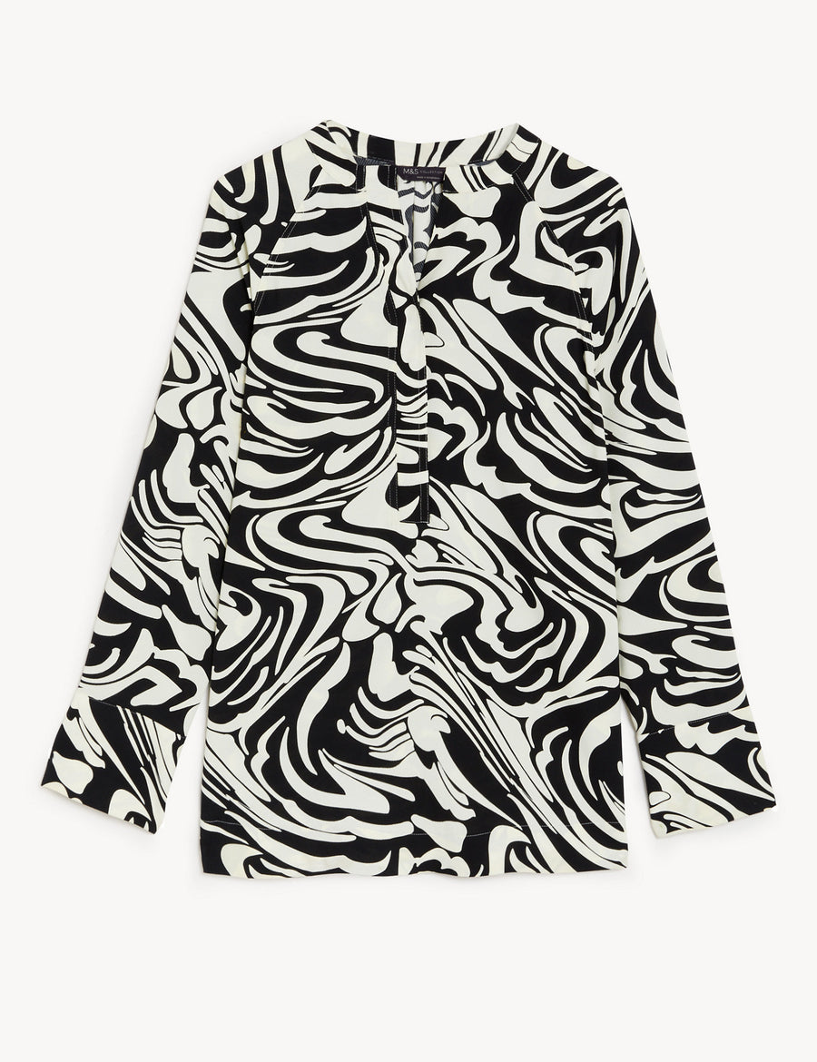 Printed V-Neck Oversized Popover Blouse