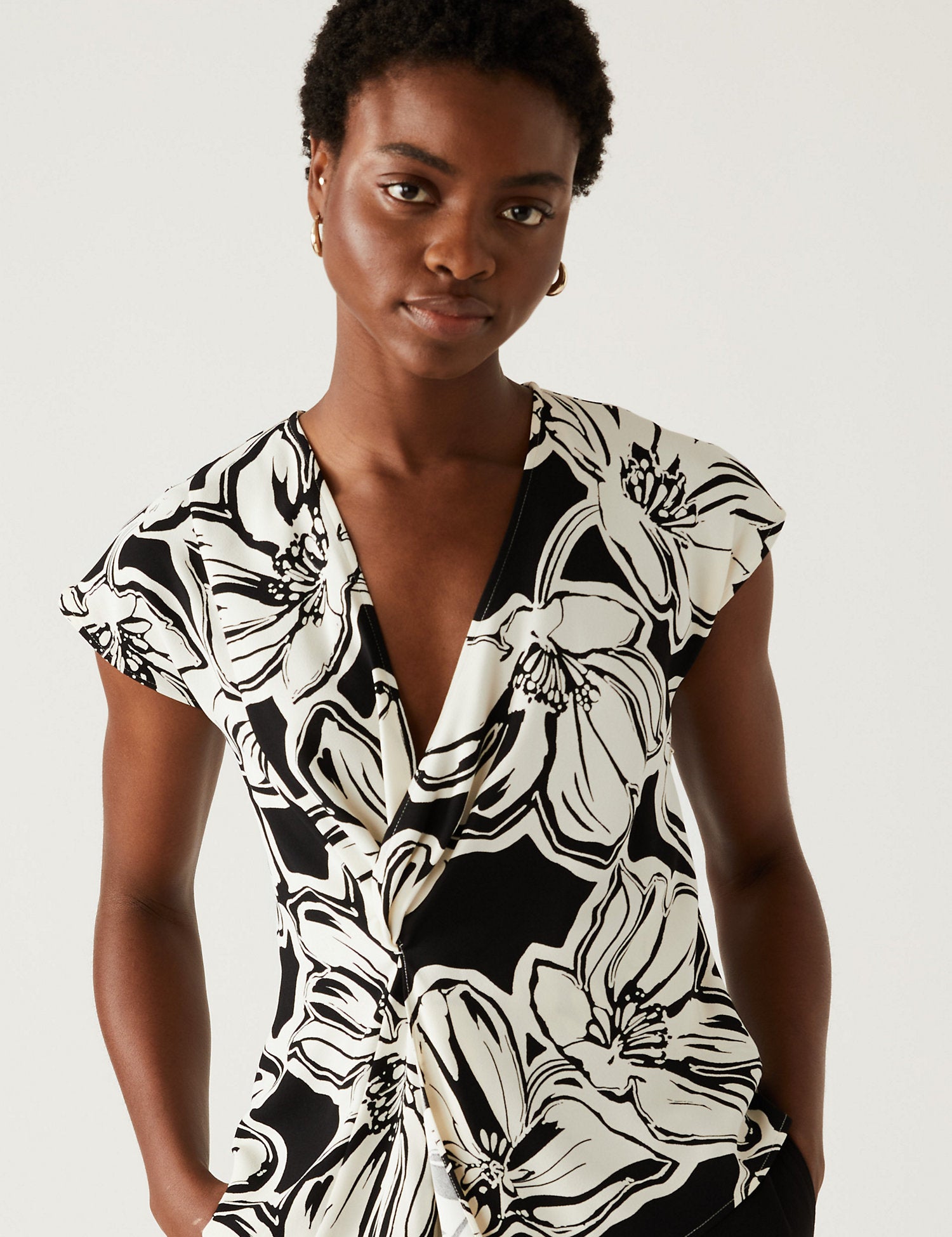 Floral V-Neck Knot Front Blouse