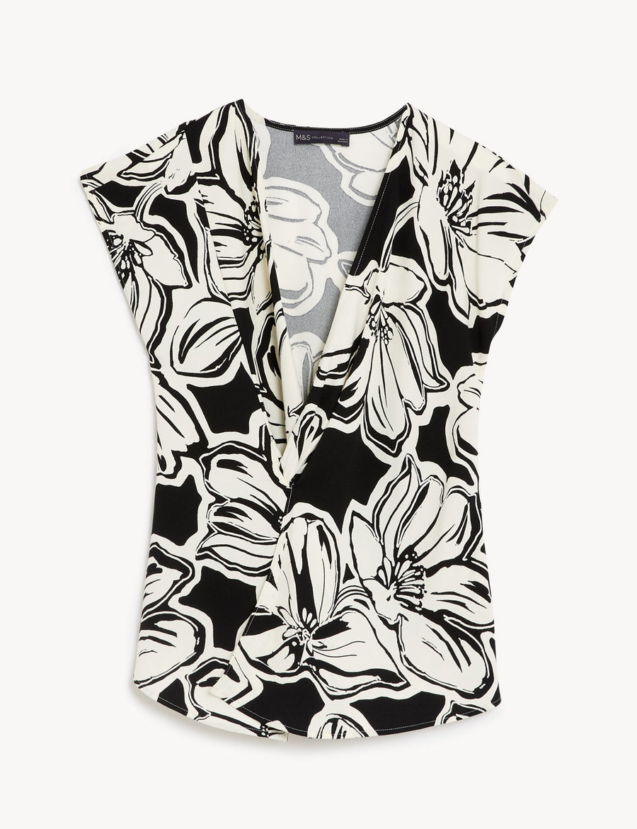 Floral V-Neck Knot Front Blouse