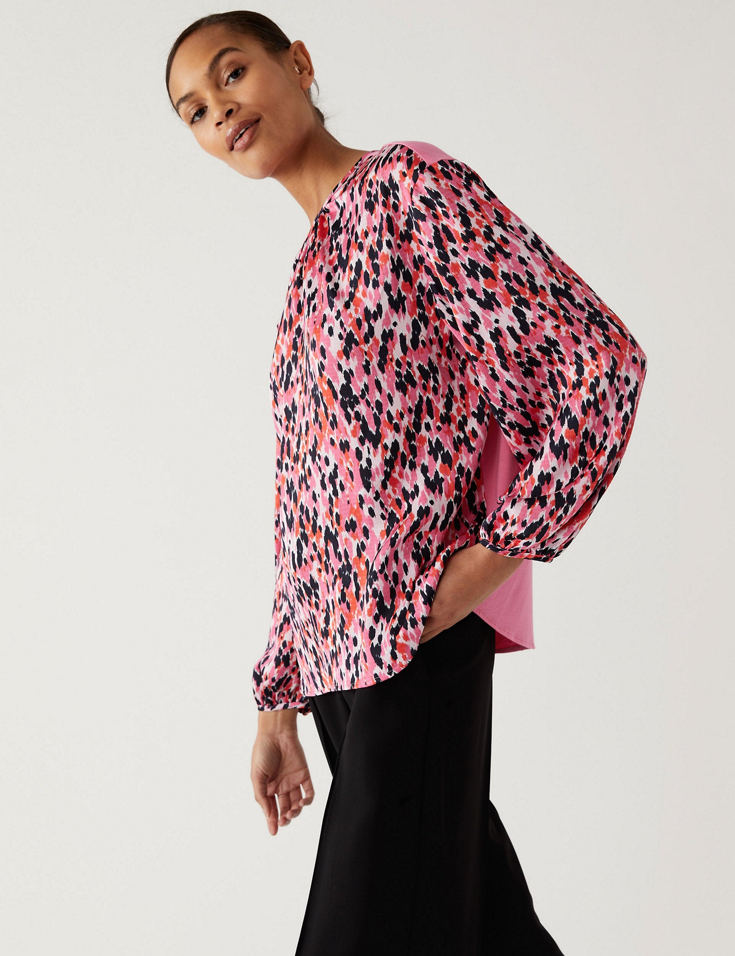 Leaf Print Gathered Neck Blouson Sleeve Top