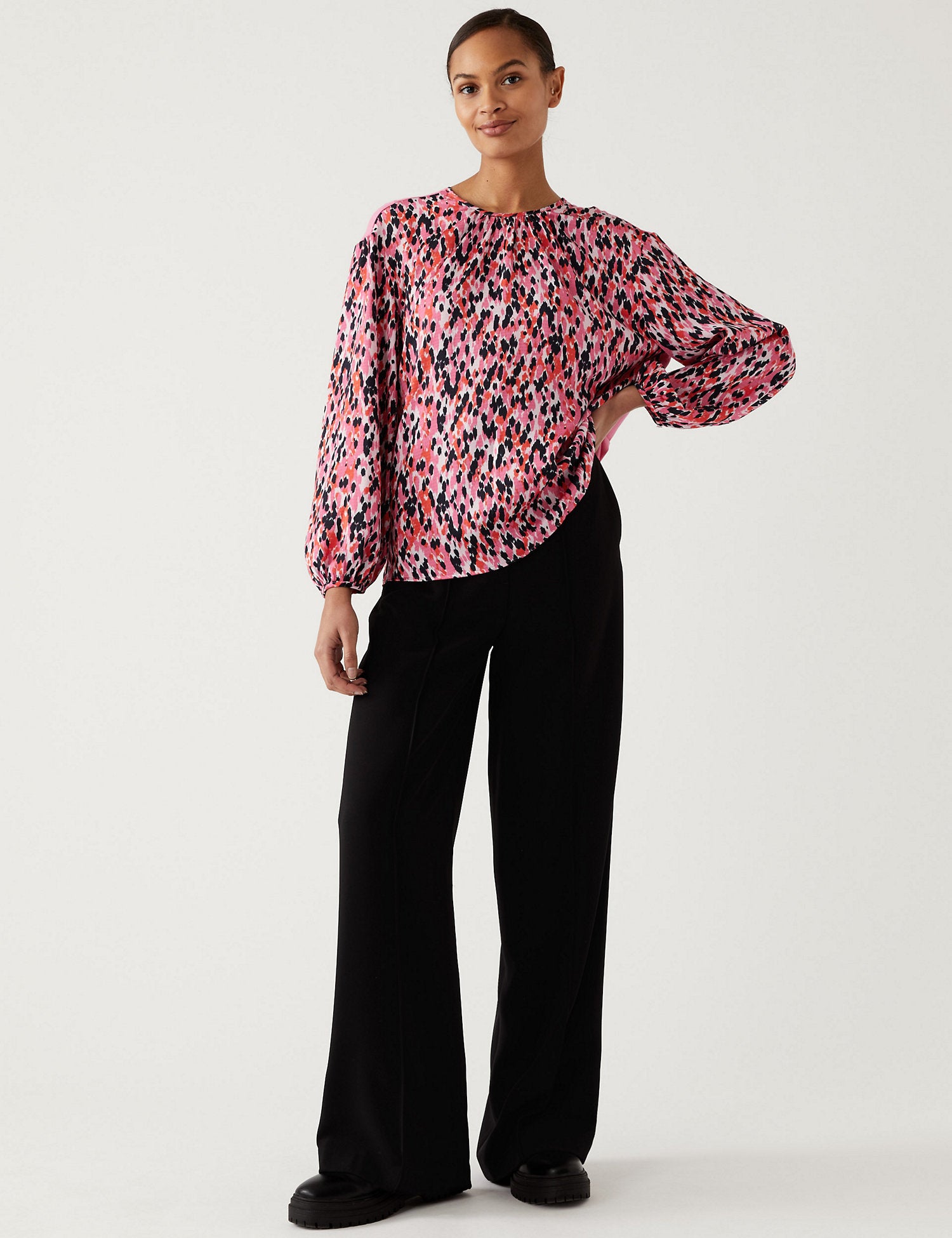 Leaf Print Gathered Neck Blouson Sleeve Top