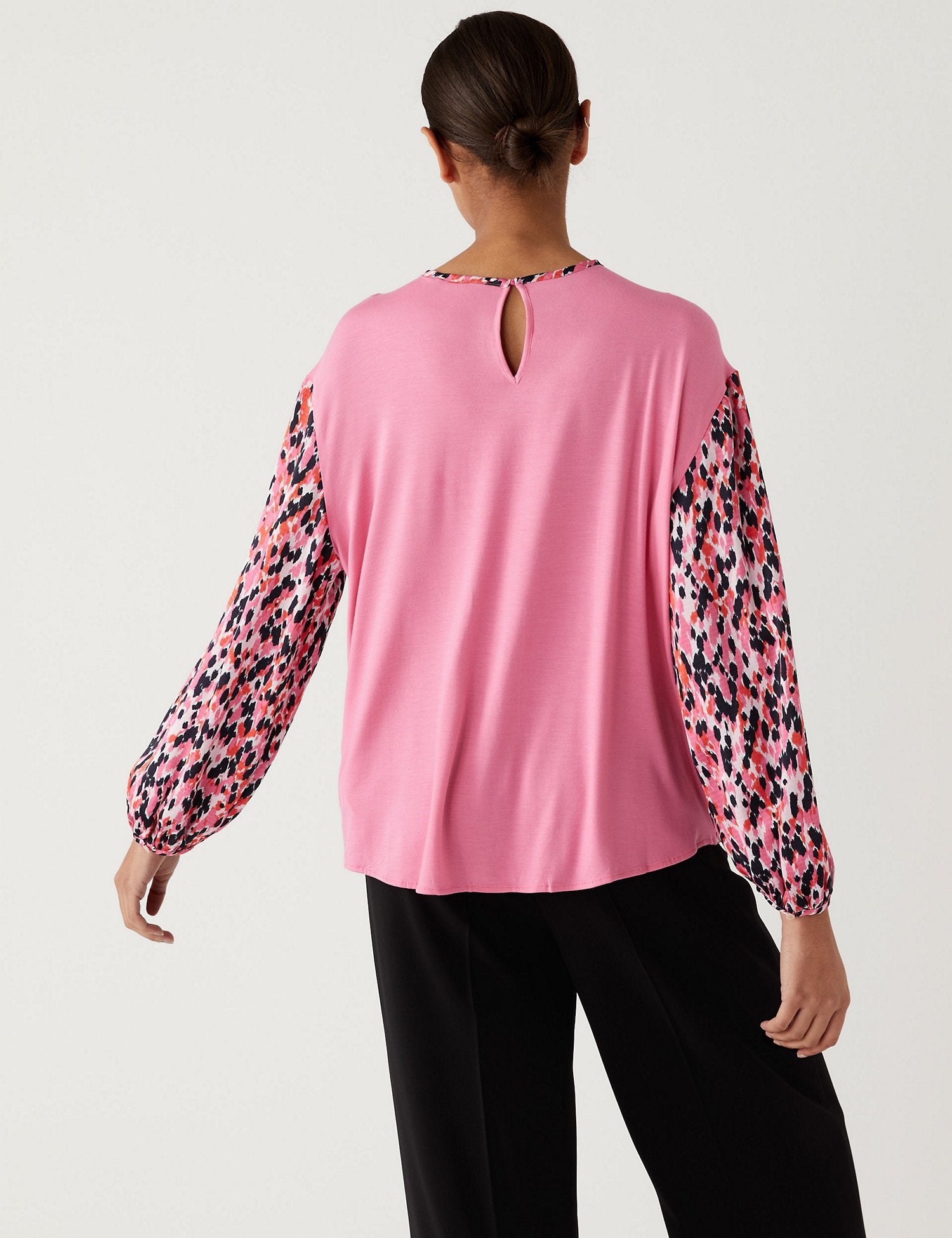 Leaf Print Gathered Neck Blouson Sleeve Top