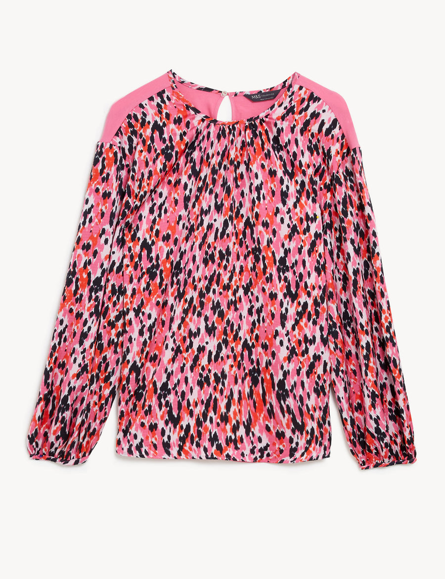 Leaf Print Gathered Neck Blouson Sleeve Top