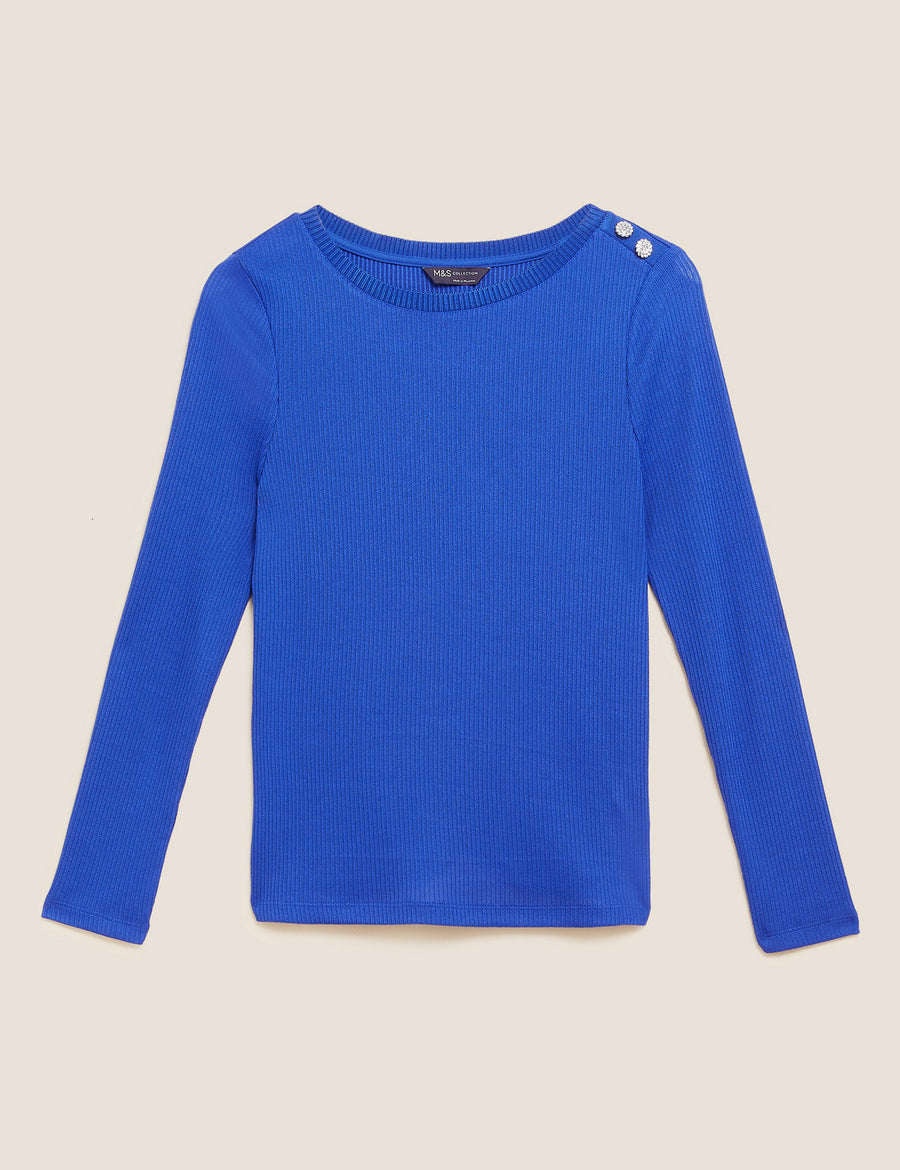 Ribbed Slash Neck Fitted Top