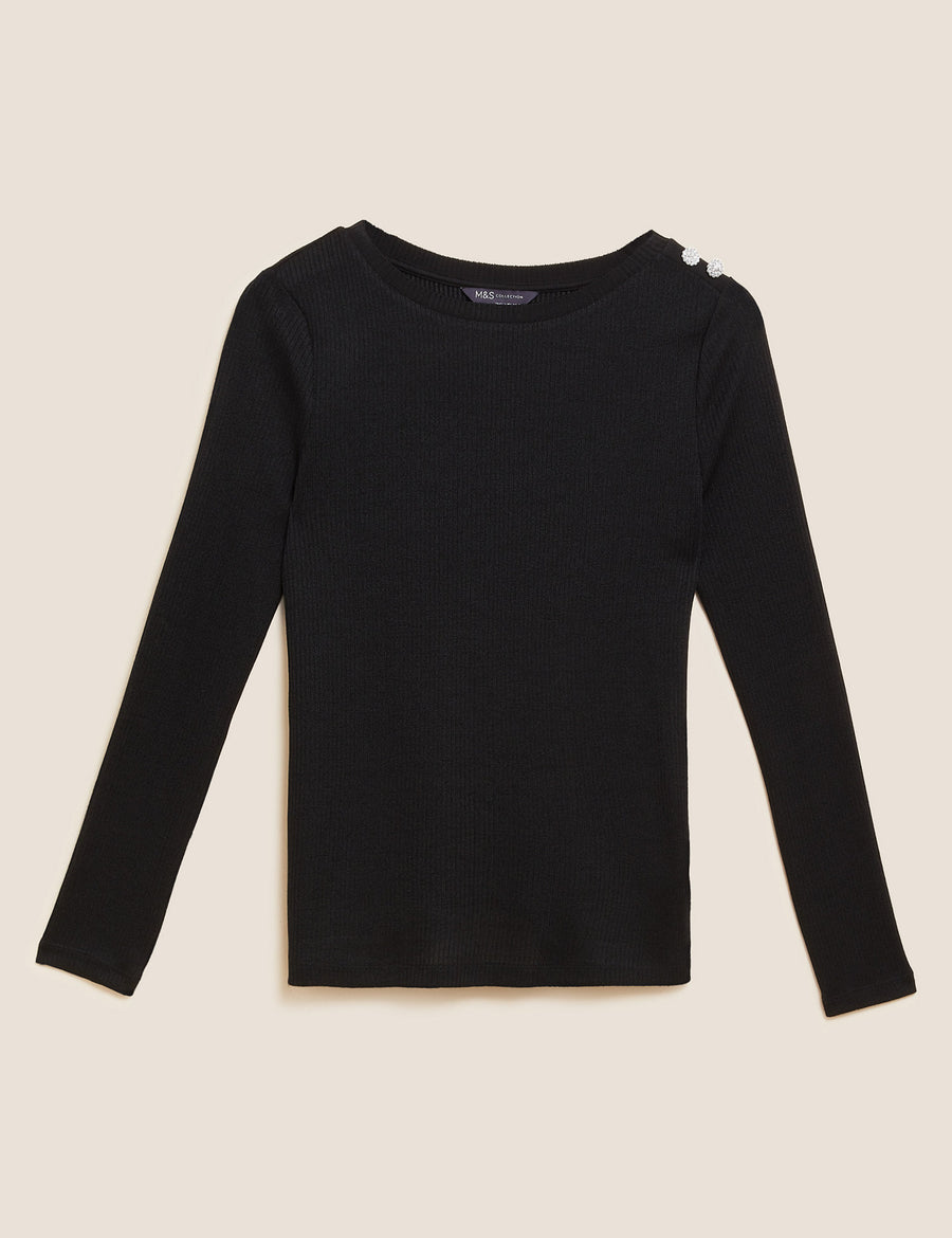 Ribbed Slash Neck Fitted Top