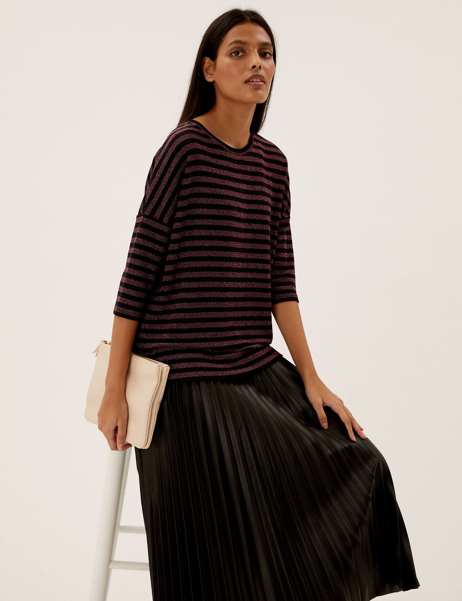 Sparkly Striped Regular Fit 3/4 Sleeve Top