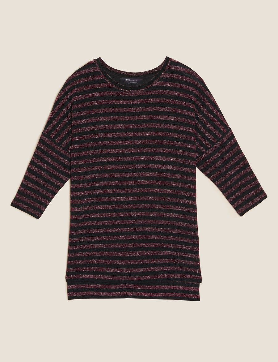 Sparkly Striped Regular Fit 3/4 Sleeve Top