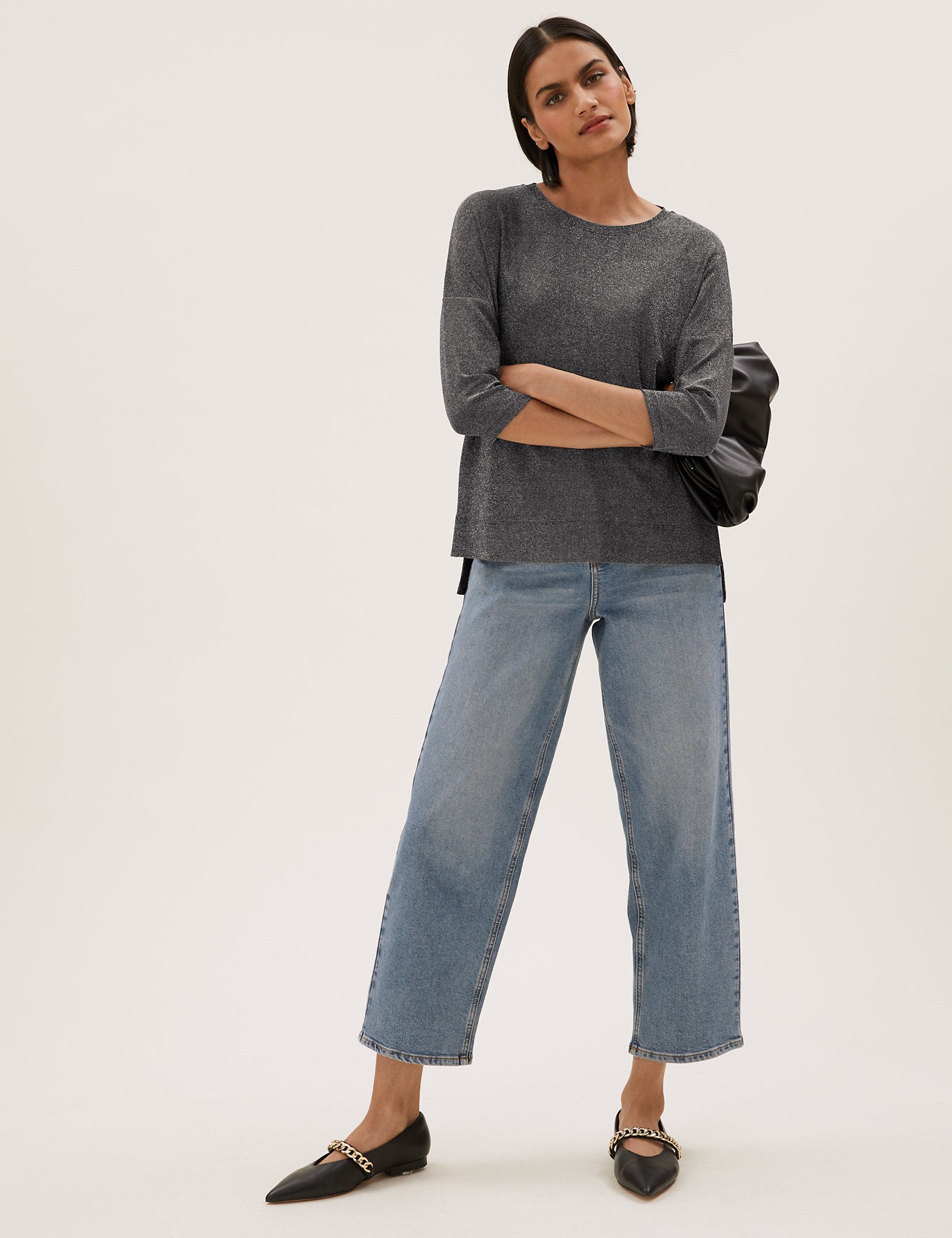 Metallic Regular Fit 3/4 Sleeve Boxy Top