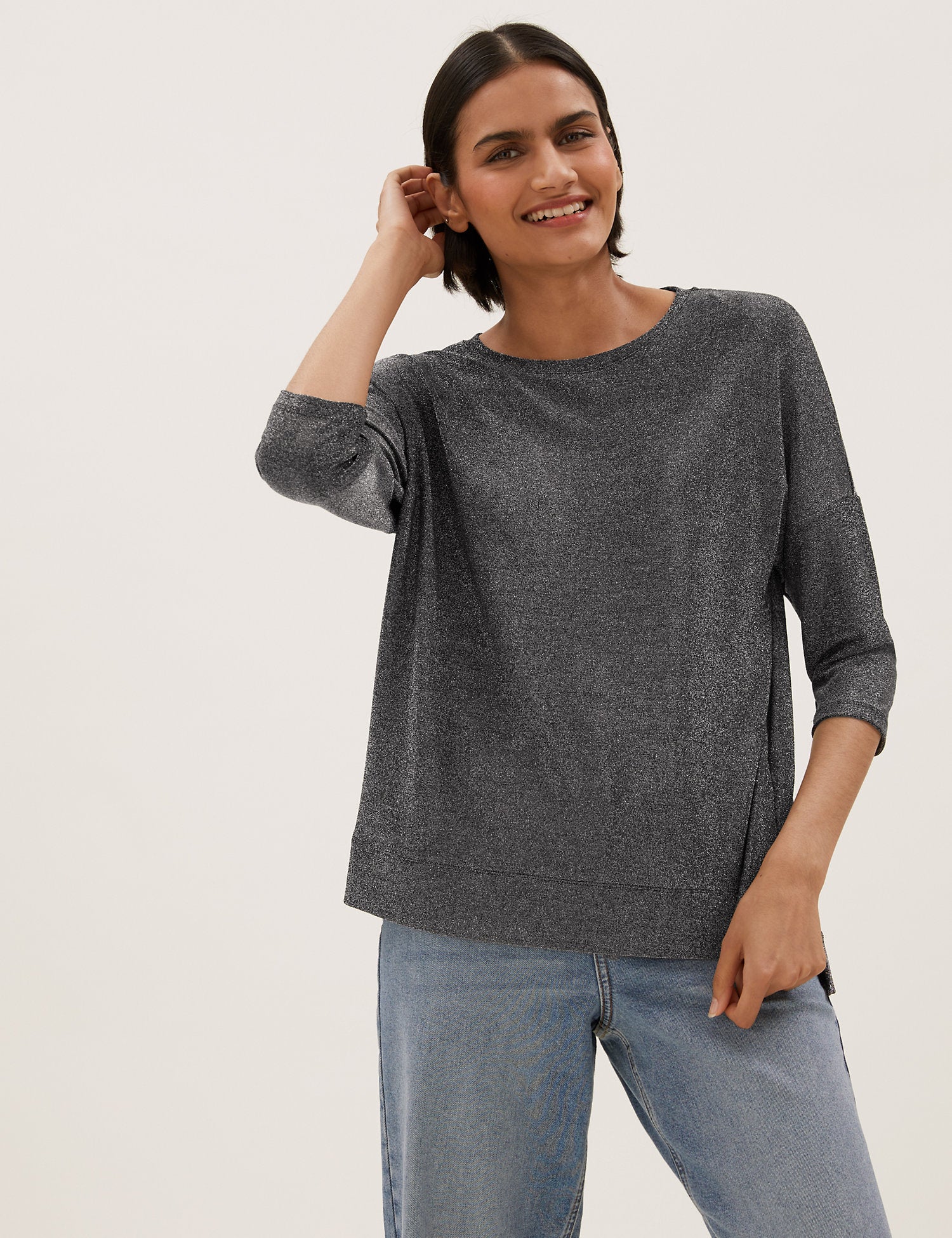 Metallic Regular Fit 3/4 Sleeve Boxy Top