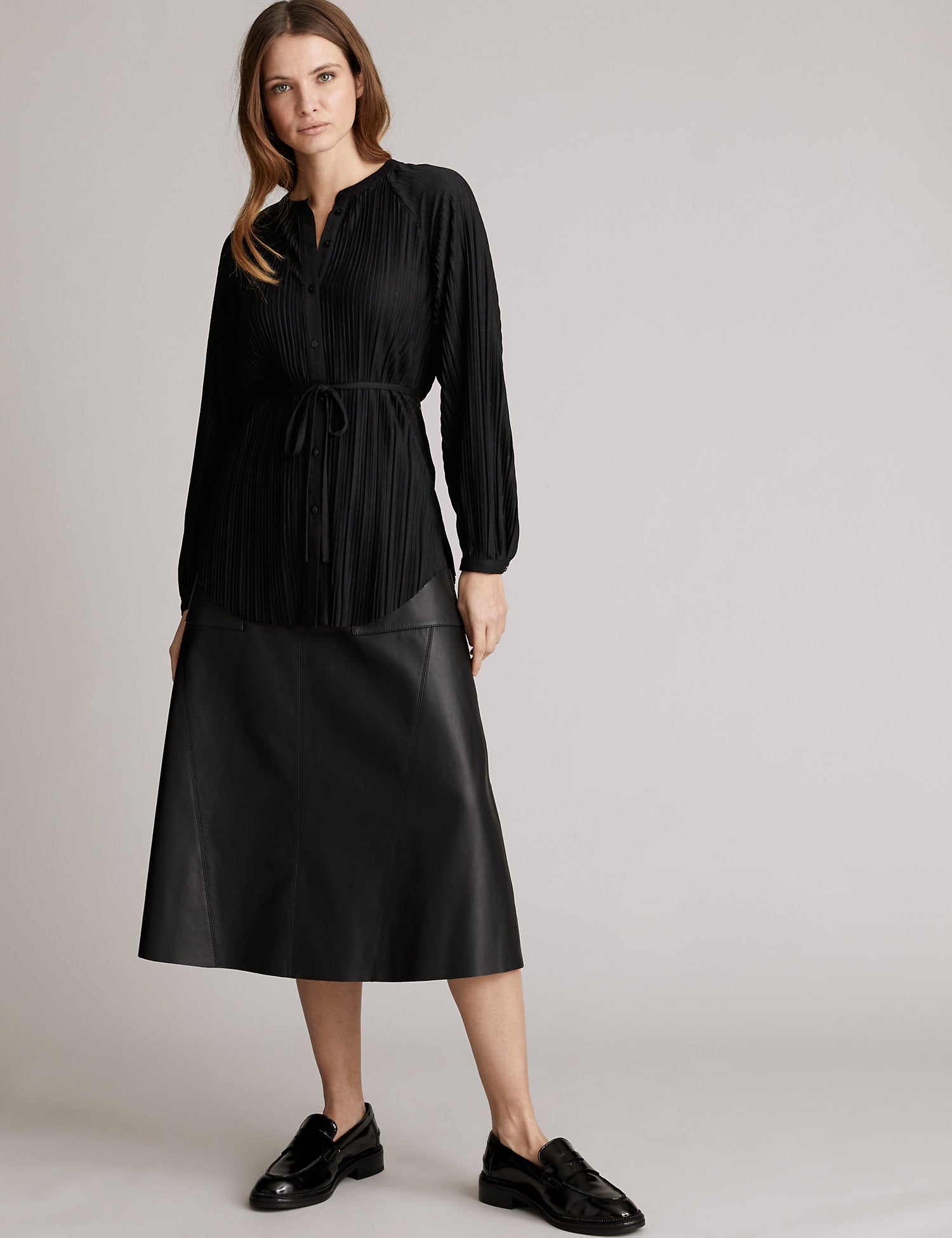 Plisse Button Through Tie Waist Blouse