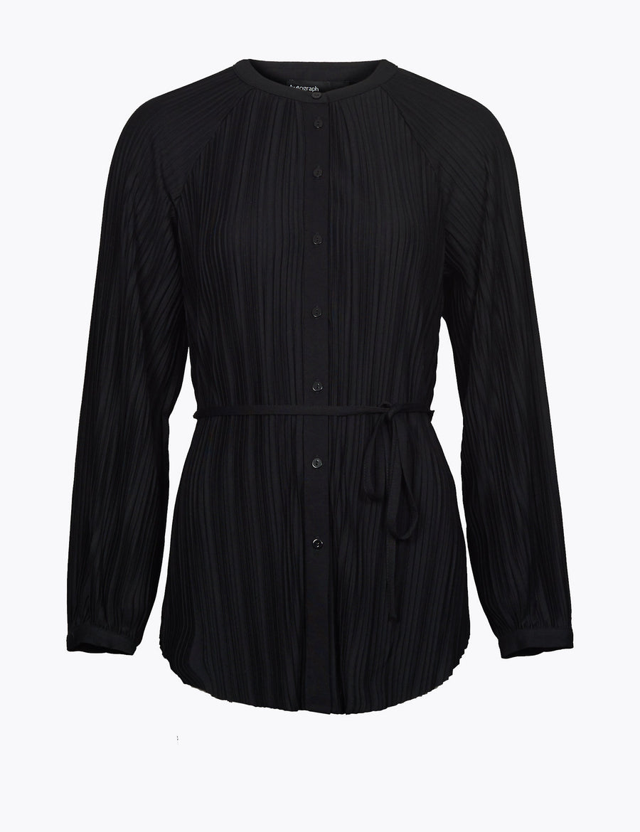 Plisse Button Through Tie Waist Blouse
