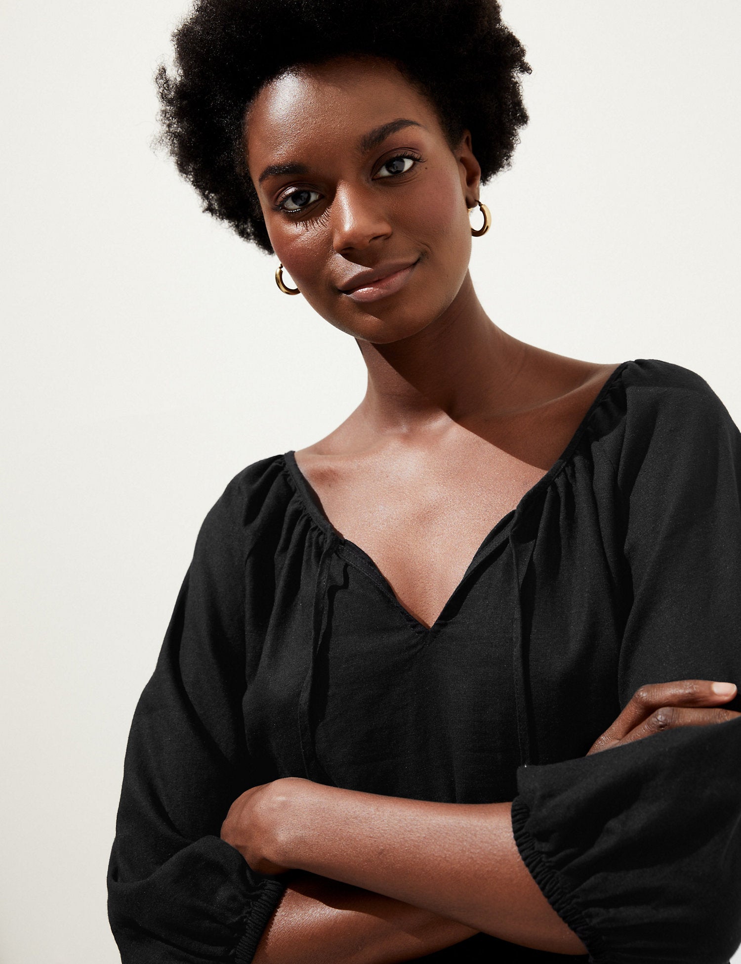 Linen Rich Tie Neck Blouse
