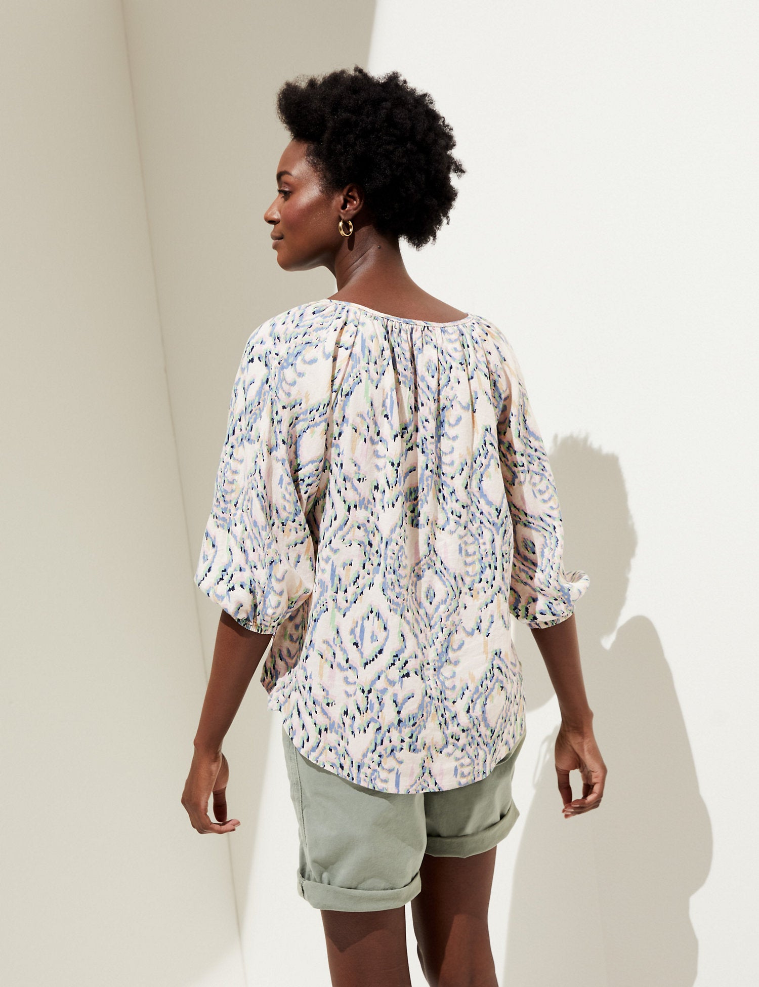 Linen Rich Printed Tie Neck Blouse