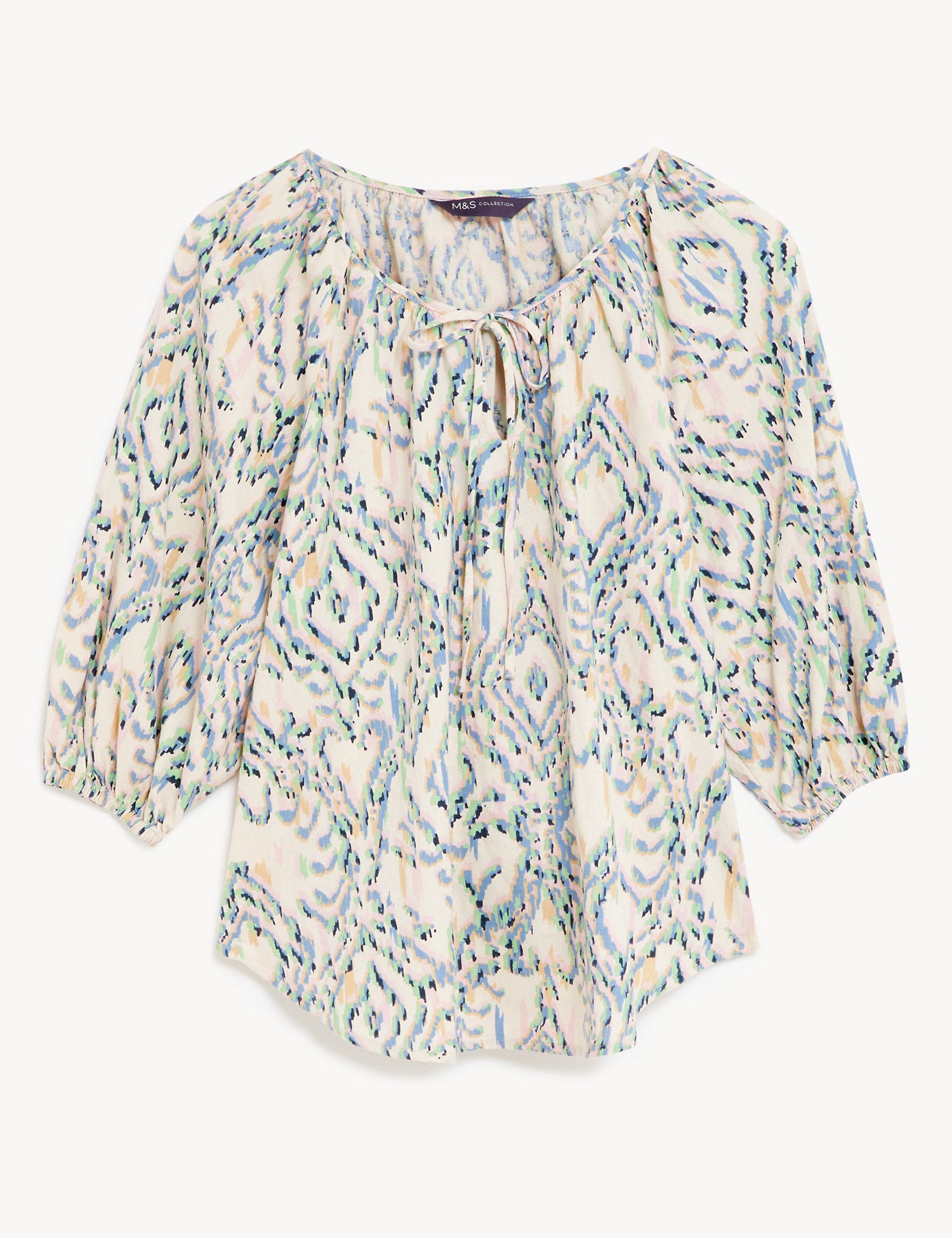 Linen Rich Printed Tie Neck Blouse