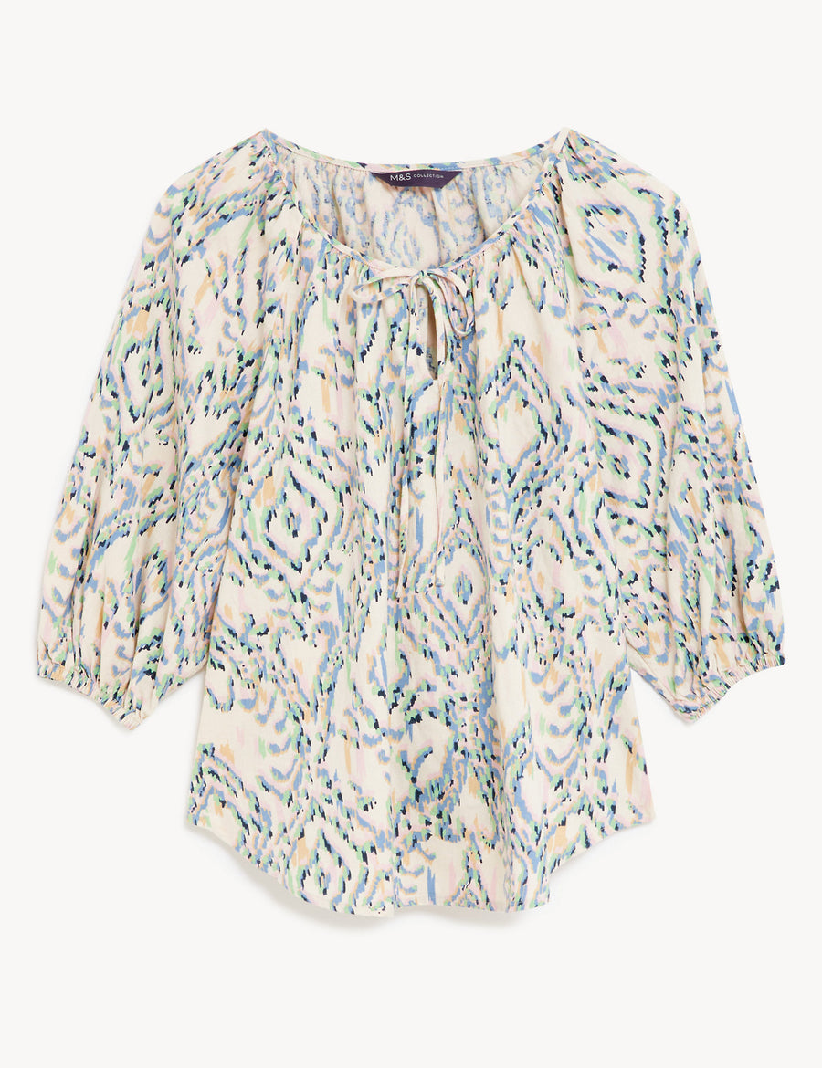 Linen Rich Printed Tie Neck Blouse