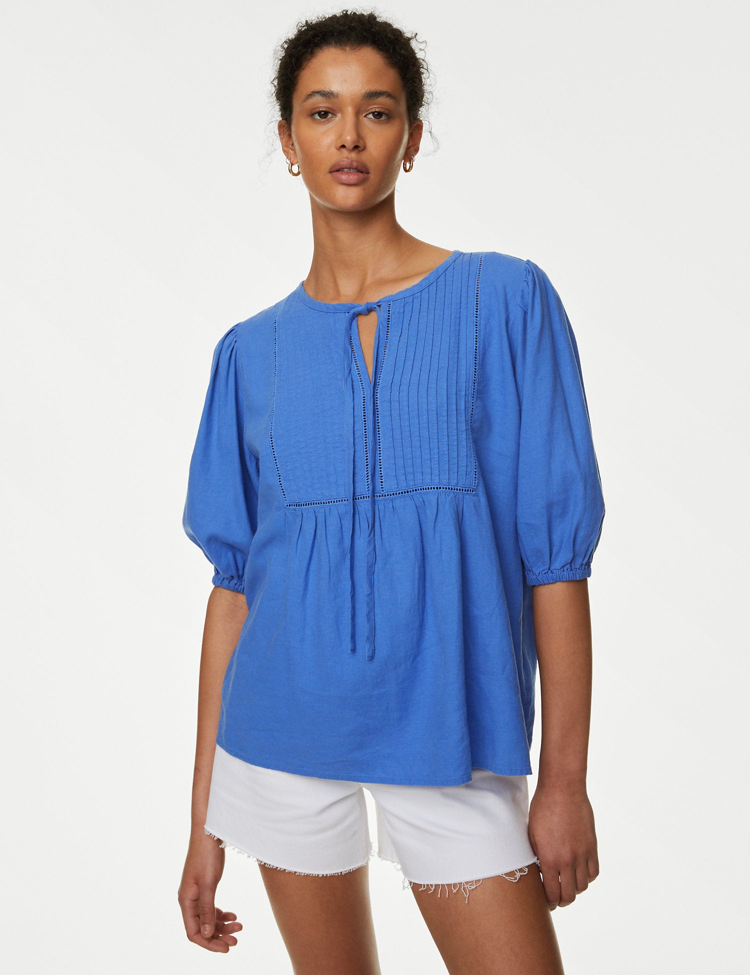 Linen Rich Tie Neck Puff Sleeve Blouse