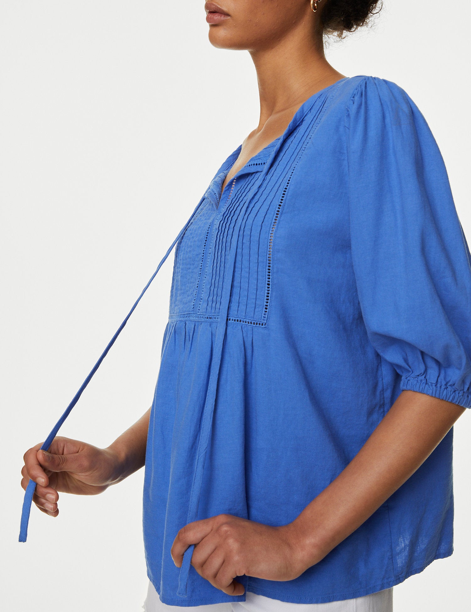 Linen Rich Tie Neck Puff Sleeve Blouse