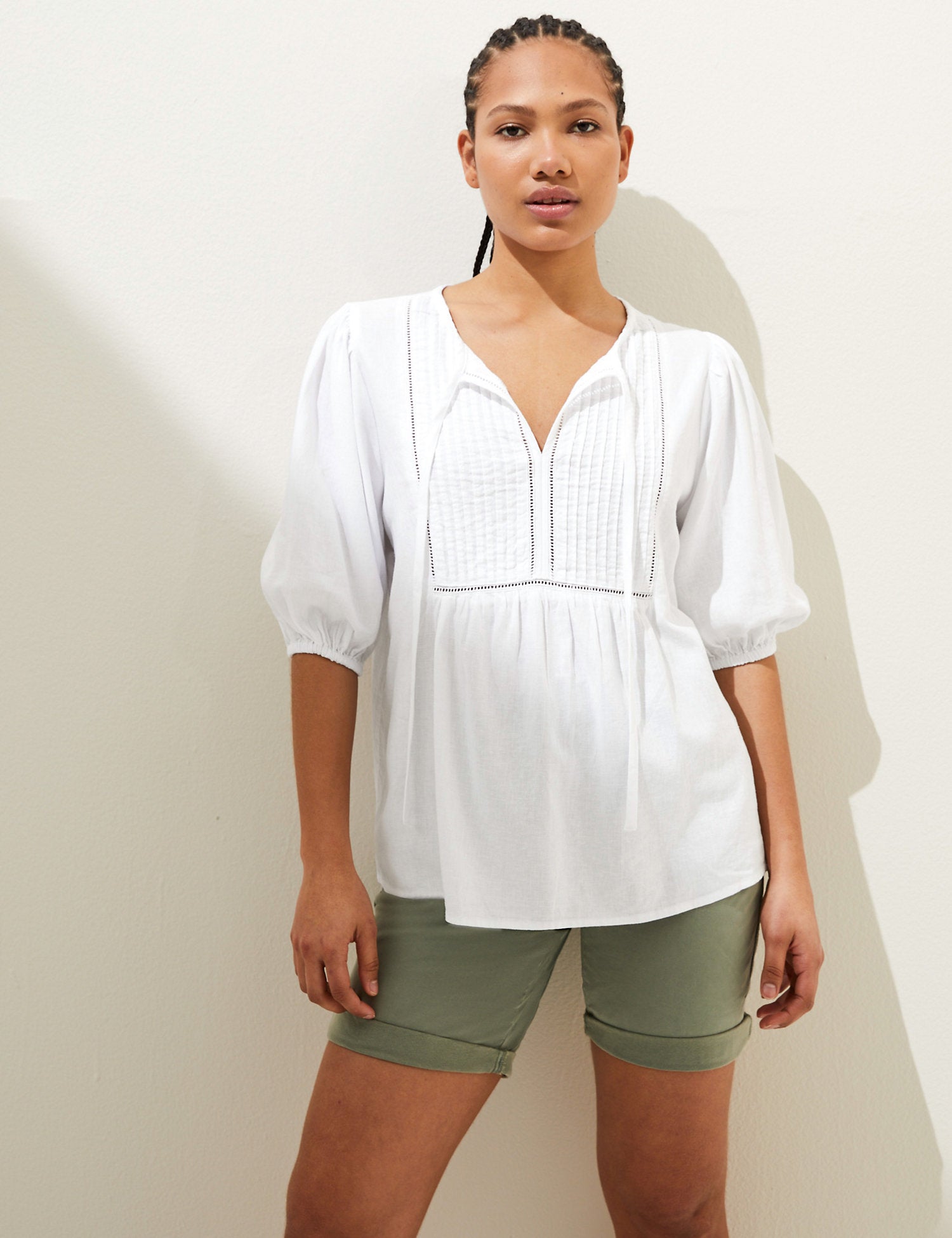 Linen Rich Tie Neck Puff Sleeve Blouse