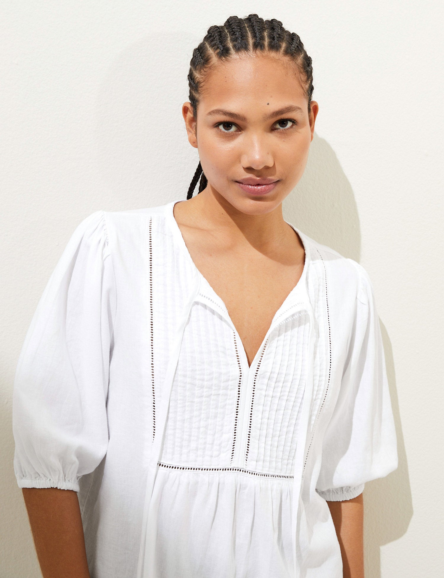 Linen Rich Tie Neck Puff Sleeve Blouse