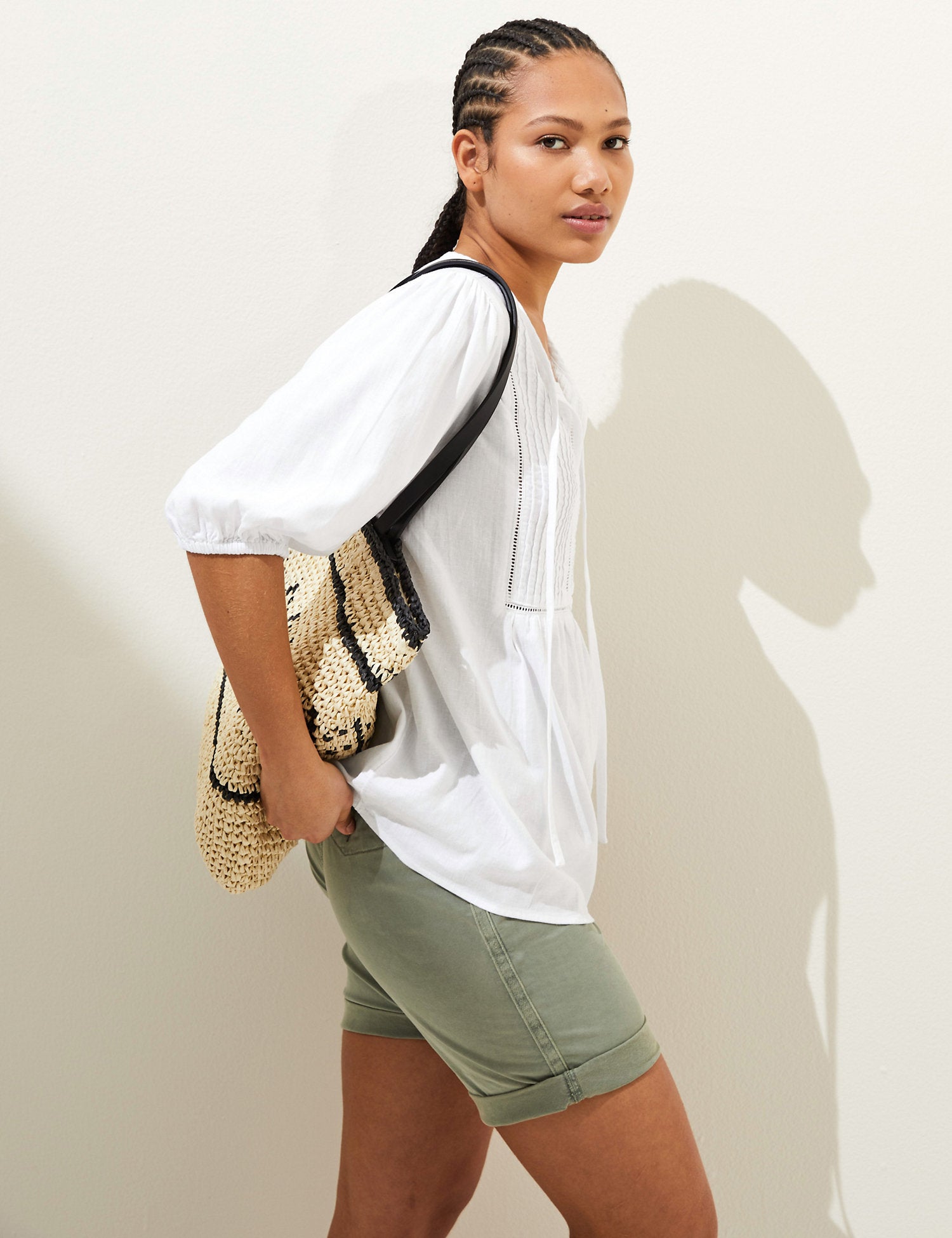 Linen Rich Tie Neck Puff Sleeve Blouse