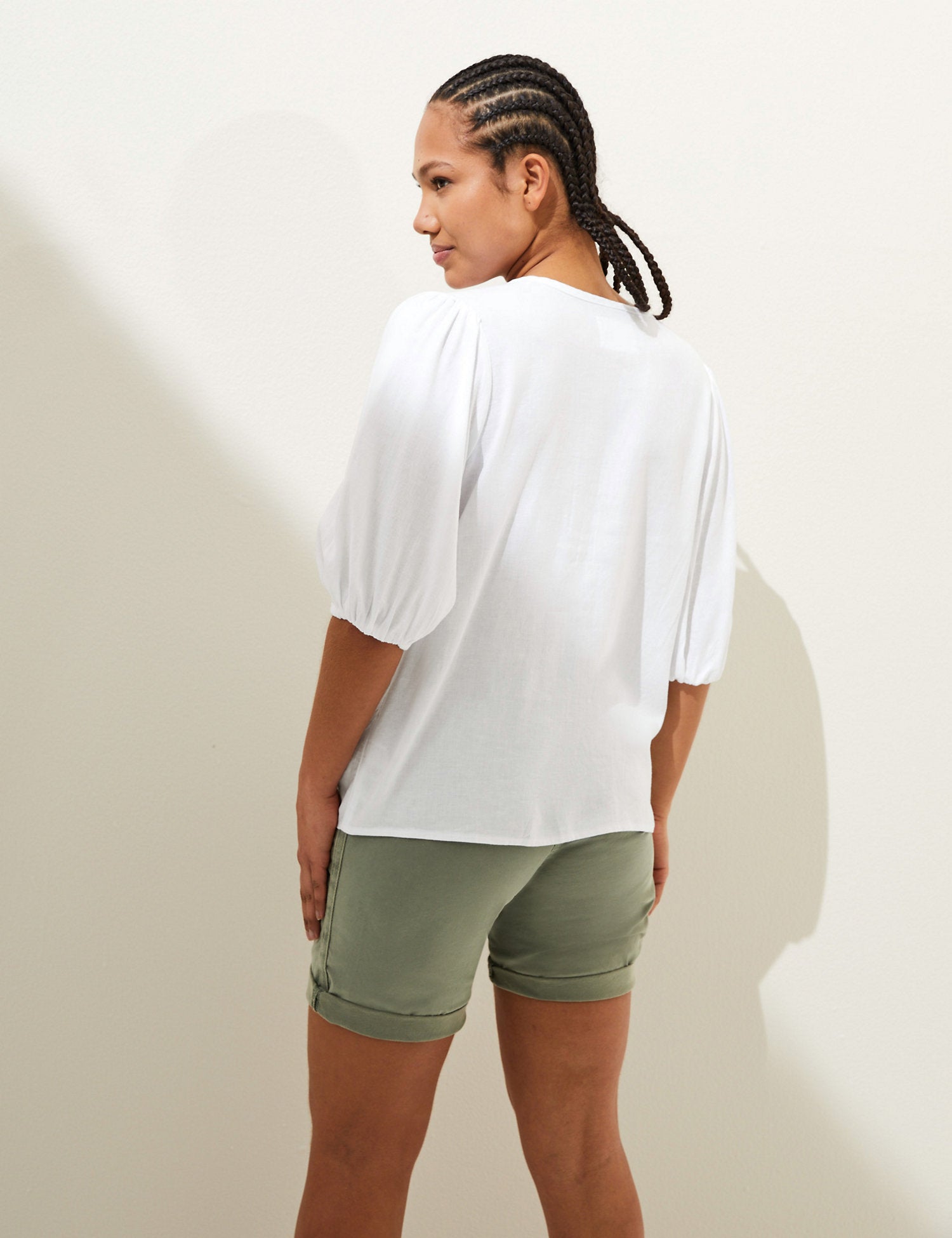 Linen Rich Tie Neck Puff Sleeve Blouse