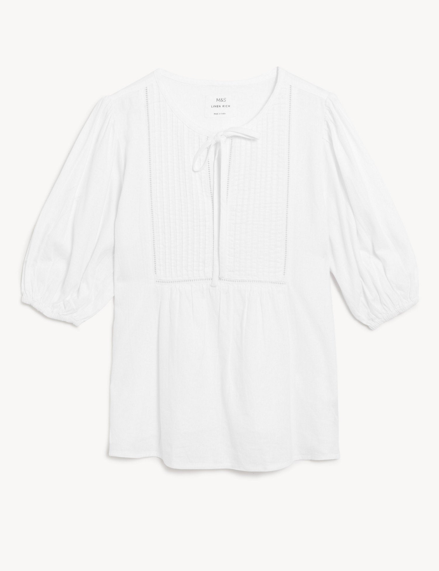 Linen Rich Tie Neck Puff Sleeve Blouse