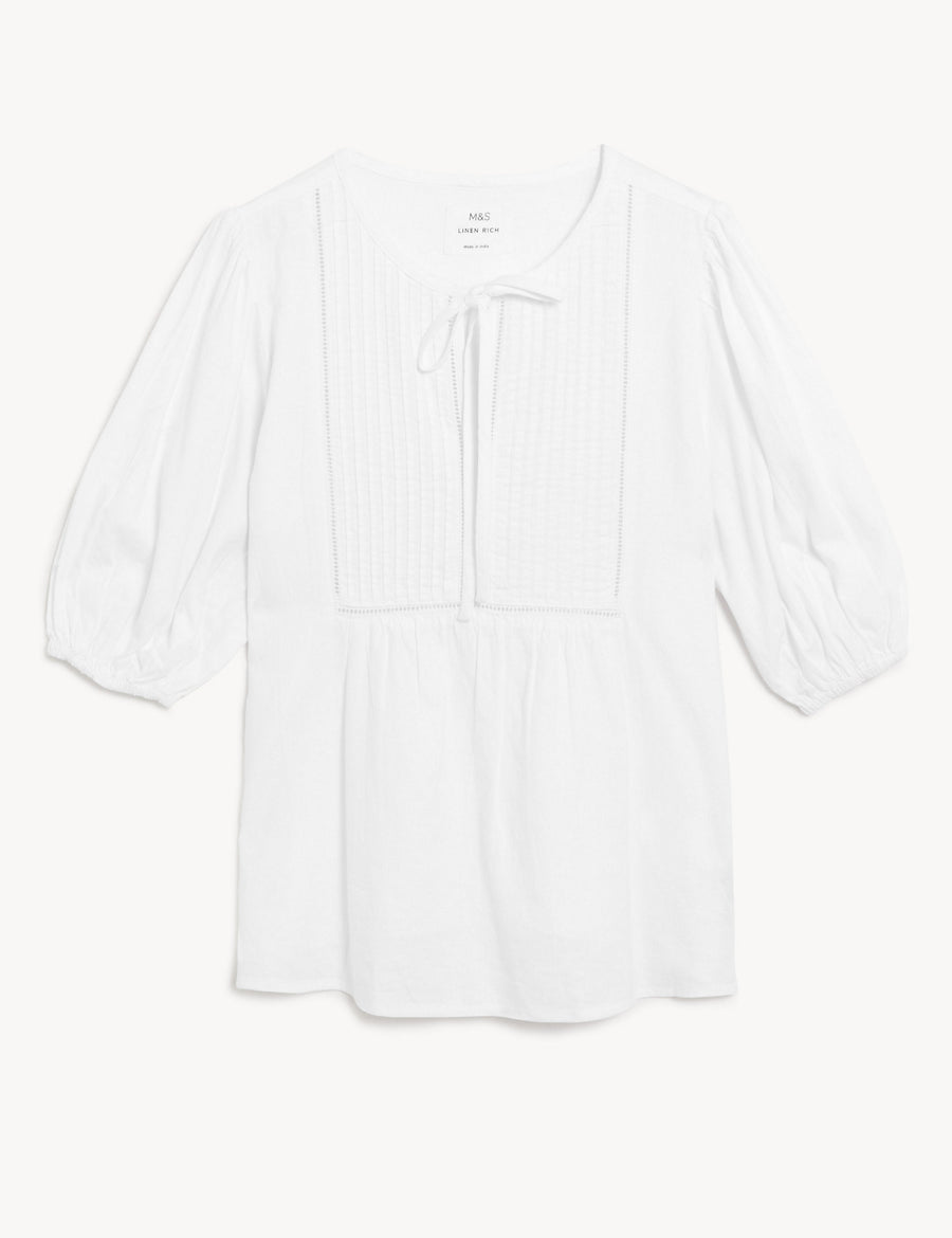 Linen Rich Tie Neck Puff Sleeve Blouse