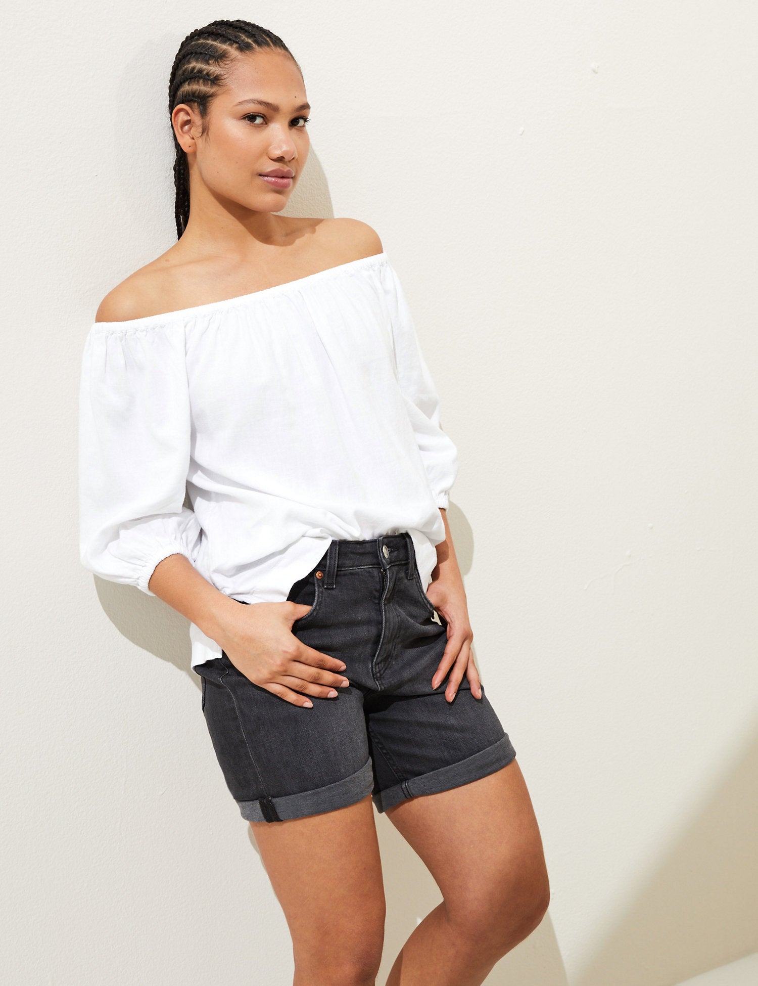 Linen Rich Bardot Puff Sleeve Blouse