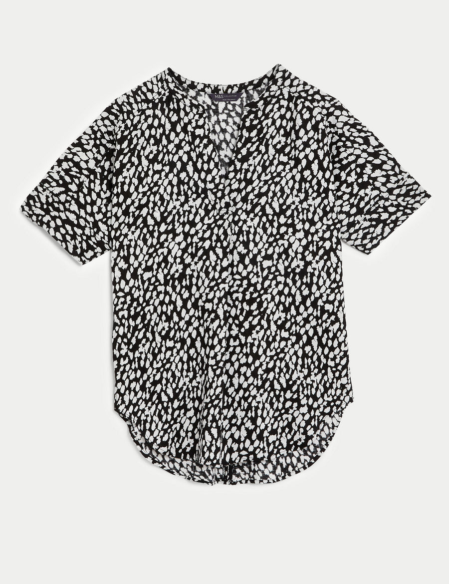 Pure Linen Animal Print Popover Blouse
