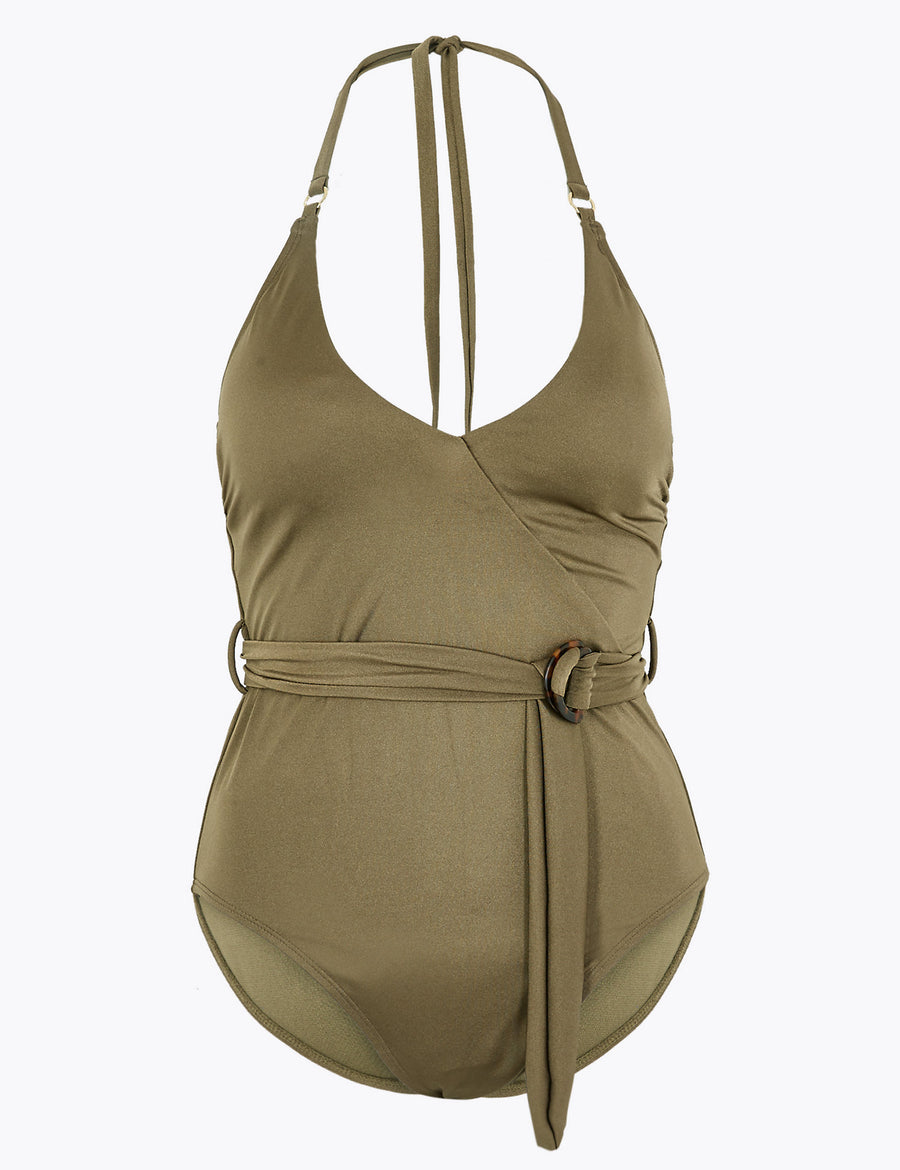 Belted Halter Neck Plunge Swimsuit