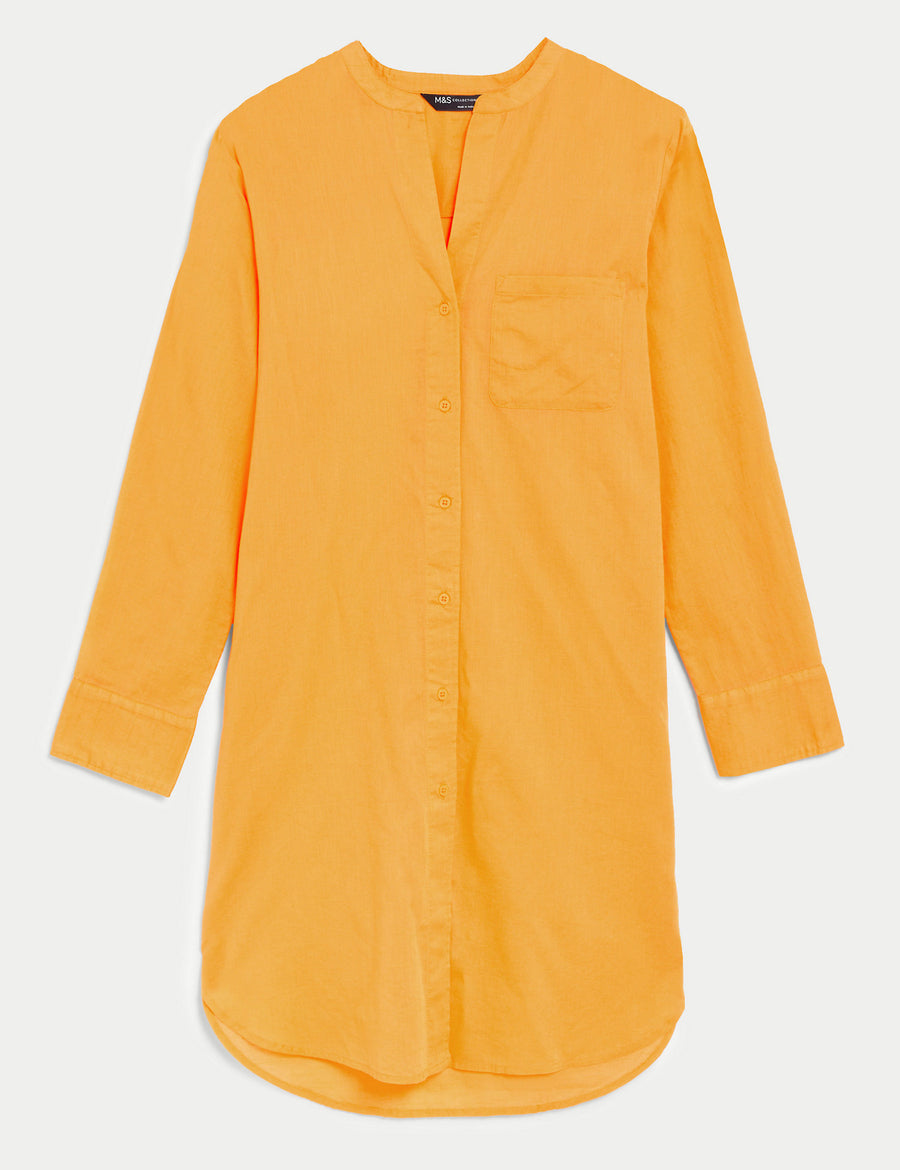 Pure Cotton Collarless Beach Cover Up Shirt